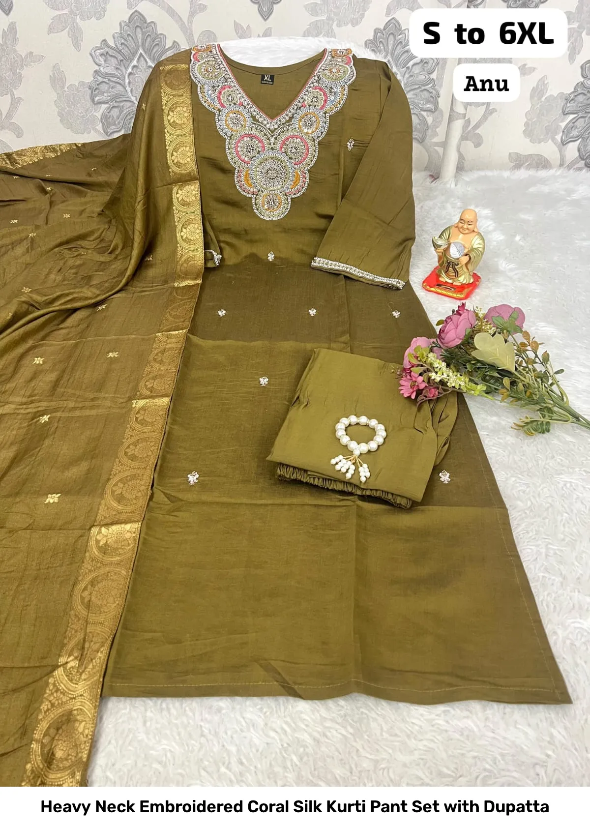 Heavy Neck Embroidered Coral Silk Kurti Pant Set with Dupatta 3