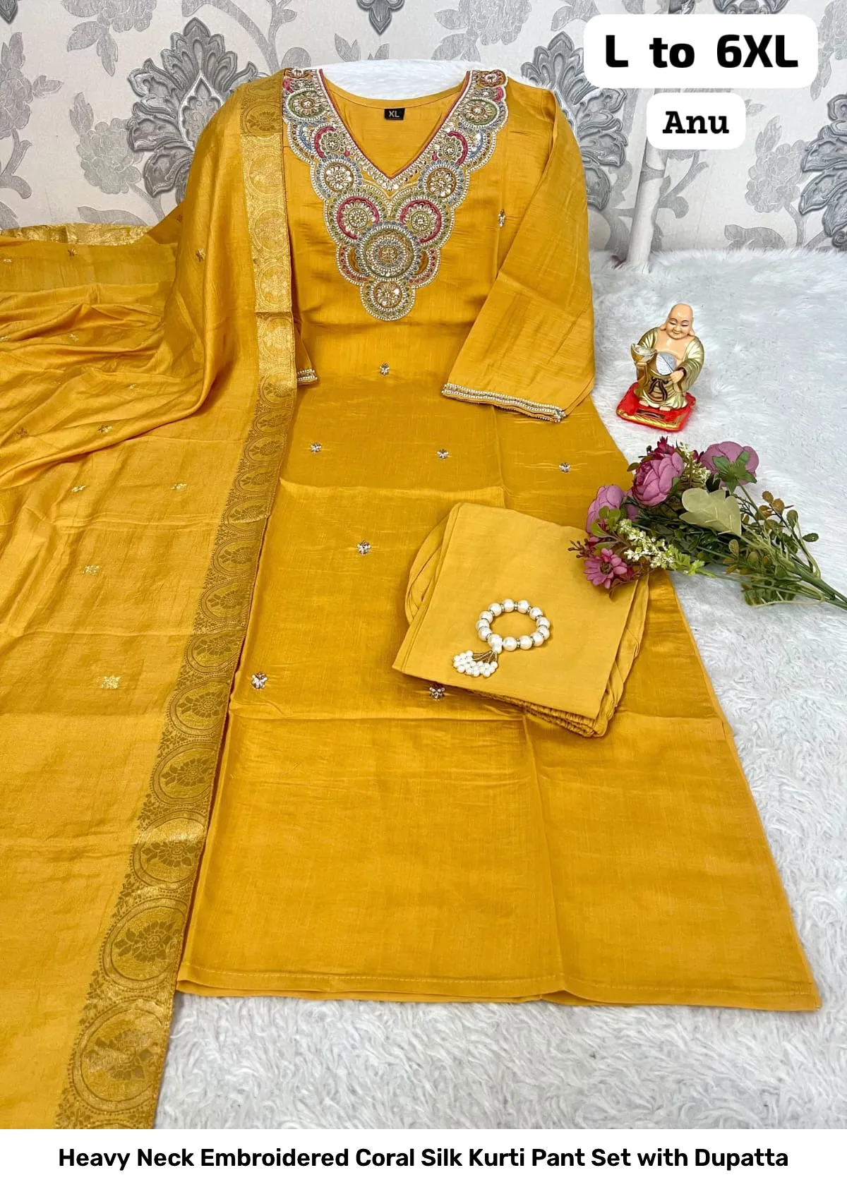 Heavy Neck Embroidered Coral Silk Kurti Pant Set with Dupatta 4