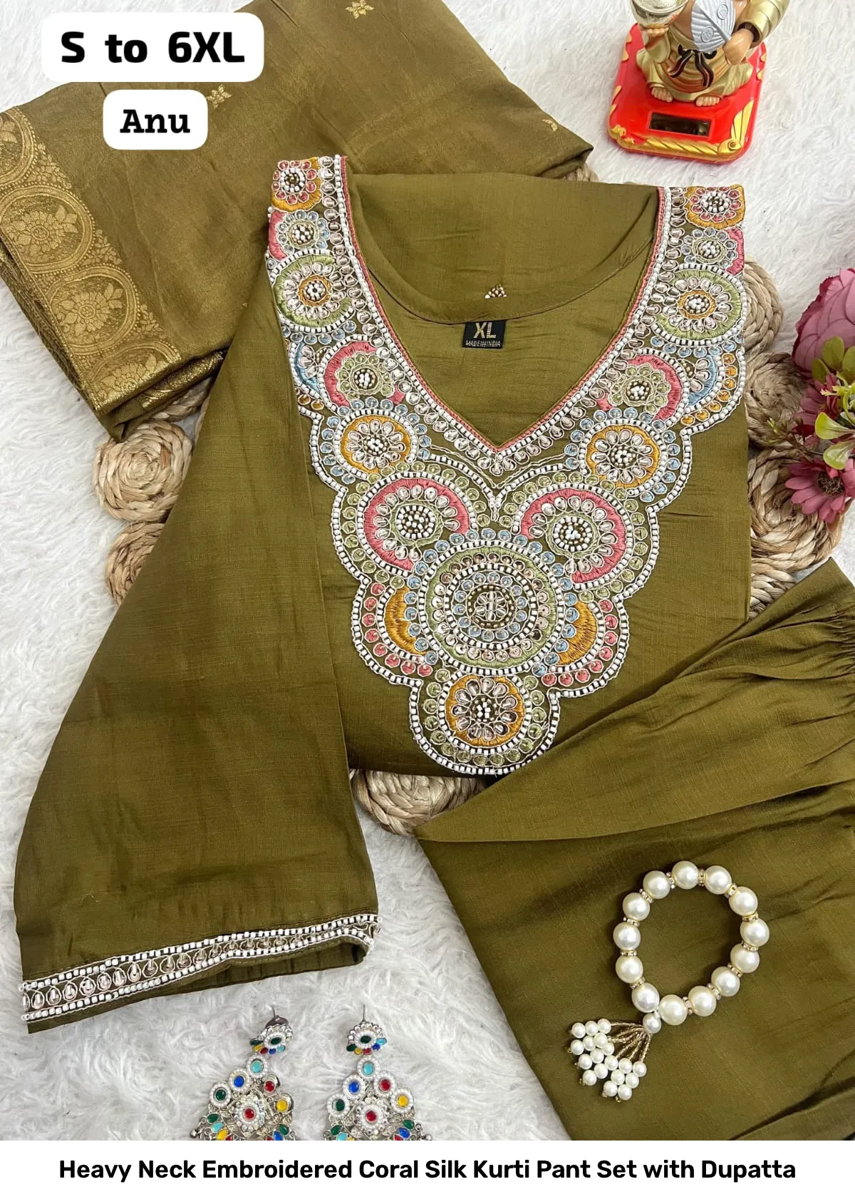 Heavy Neck Embroidered Coral Silk Kurti Pant Set with Dupatta 5