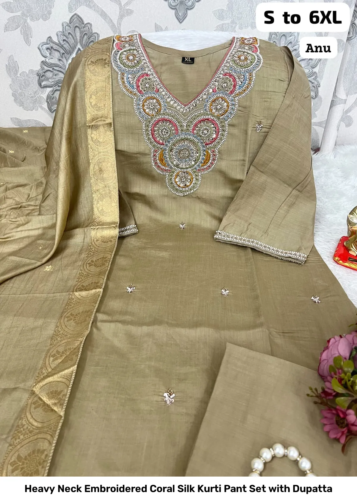 Heavy Neck Embroidered Coral Silk Kurti Pant Set with Dupatta 6