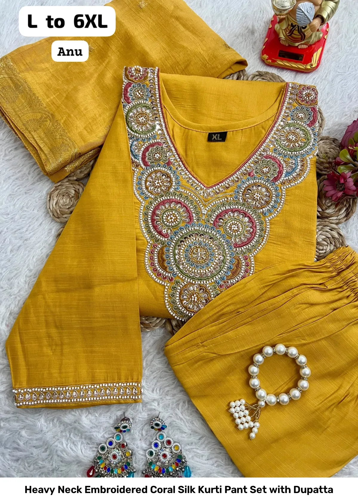 Heavy Neck Embroidered Coral Silk Kurti Pant Set with Dupatta 7