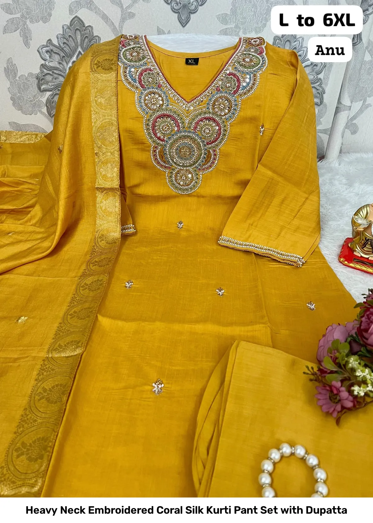Heavy Neck Embroidered Coral Silk Kurti Pant Set with Dupatta 8