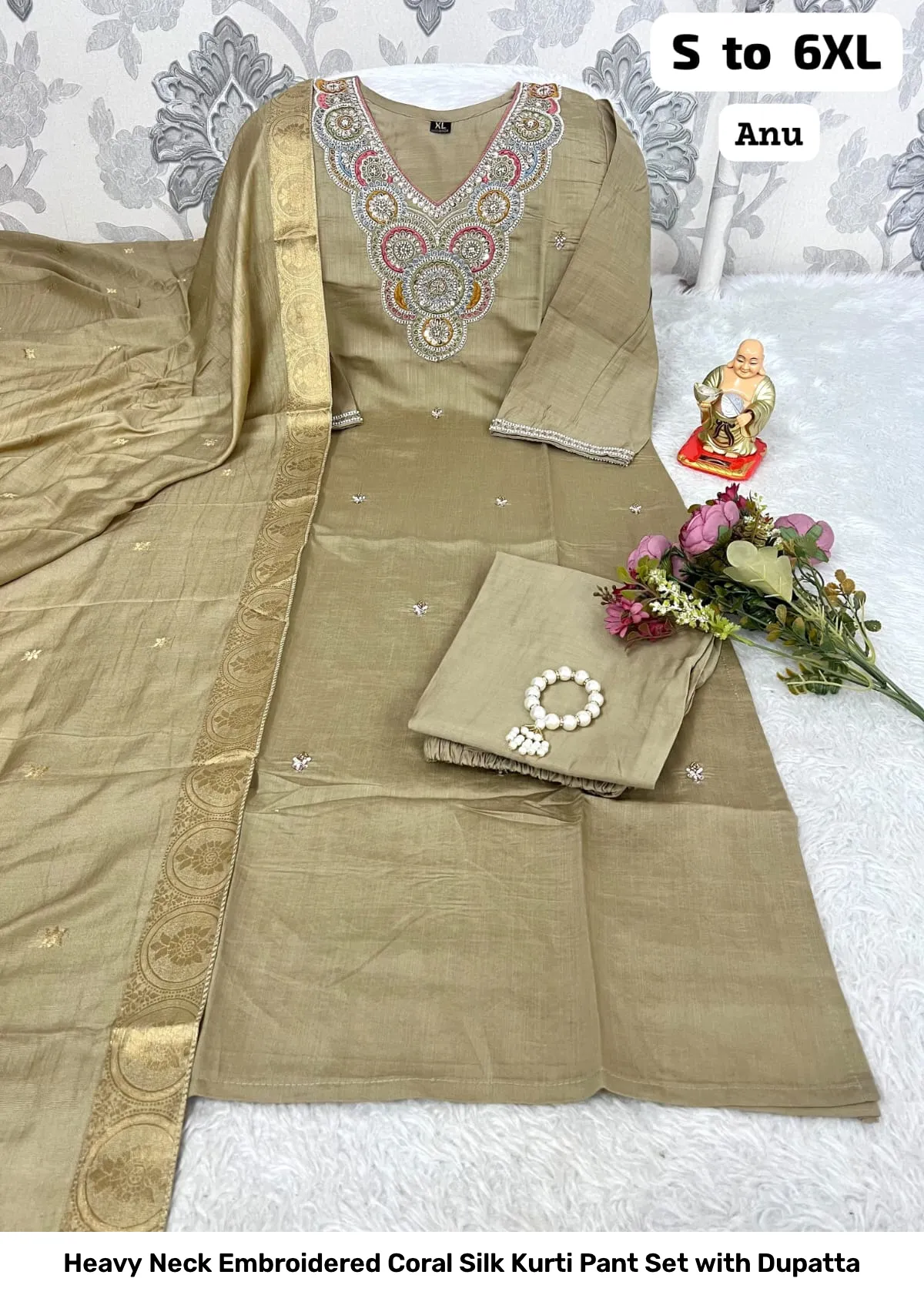 Heavy Neck Embroidered Coral Silk Kurti Pant Set with Dupatta 9