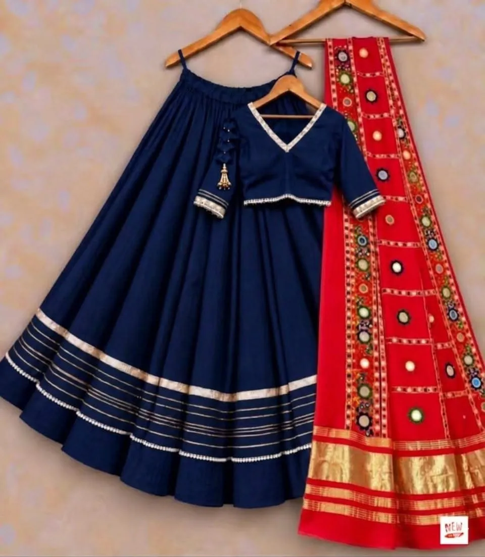 Heavy Rayon Cotton Flared Chaniya Choli with Gotta Patti Border | Stitched Padded Blouse & Semi Gajji Real Mirror Work Dupatta Set