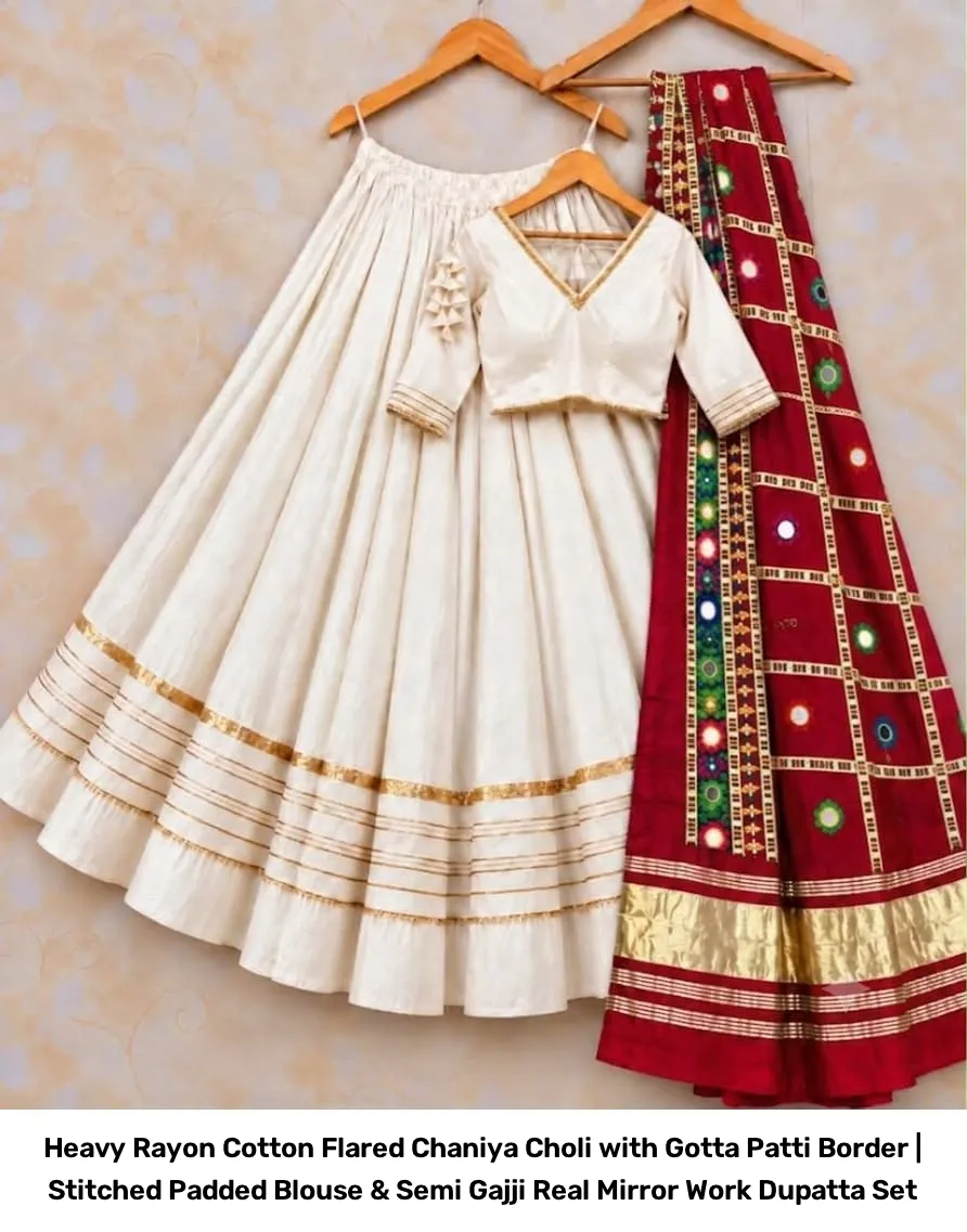 Heavy Rayon Cotton Flared Chaniya Choli with Gotta Patti Border | Stitched Padded Blouse & Semi Gajji Real Mirror Work Dupatta Set 10