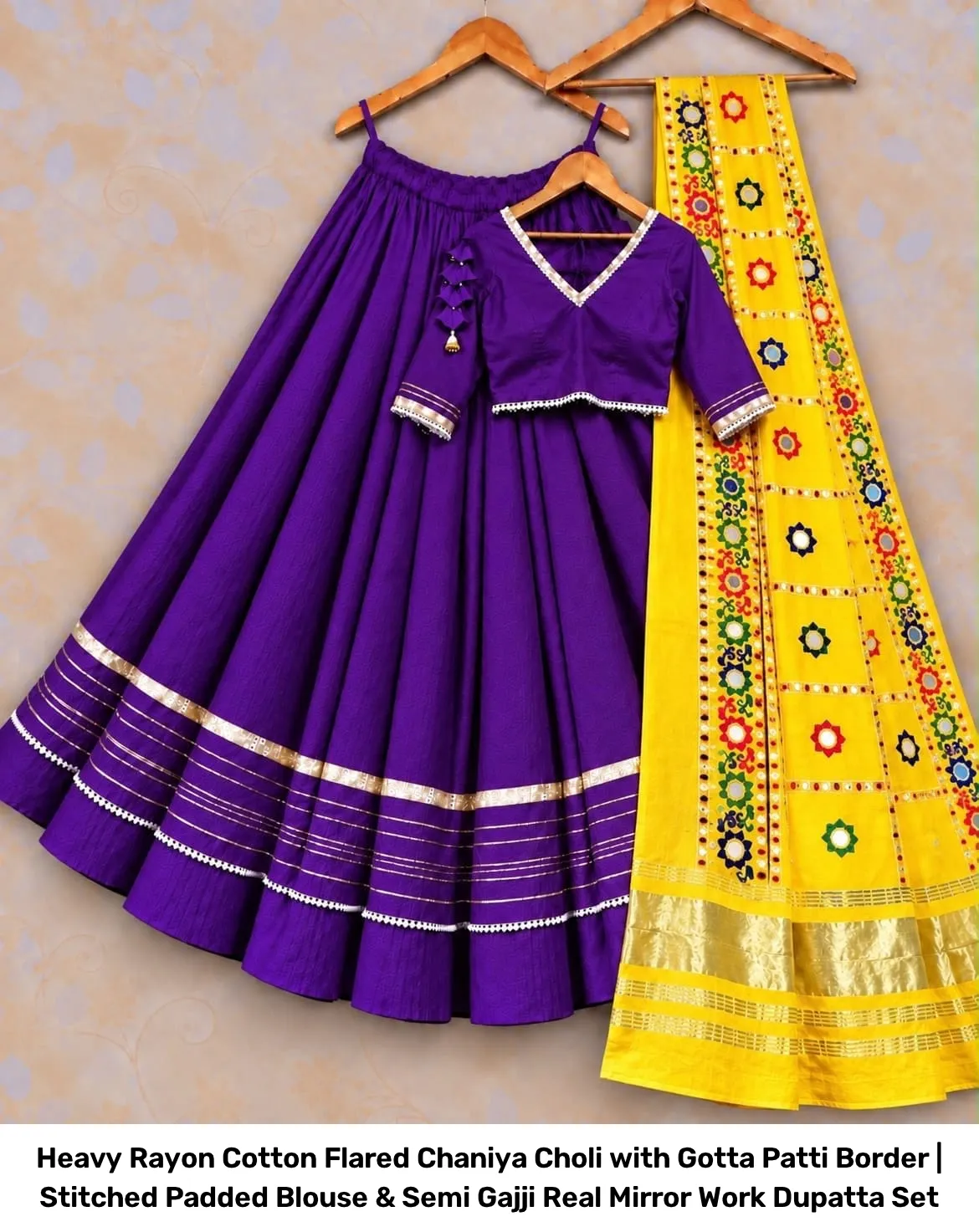 Heavy Rayon Cotton Flared Chaniya Choli with Gotta Patti Border | Stitched Padded Blouse & Semi Gajji Real Mirror Work Dupatta Set 11