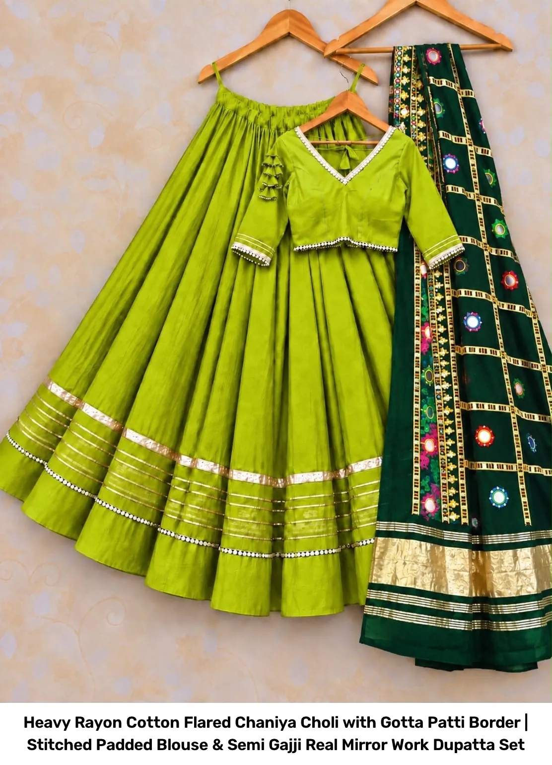 Heavy Rayon Cotton Flared Chaniya Choli with Gotta Patti Border | Stitched Padded Blouse & Semi Gajji Real Mirror Work Dupatta Set 12