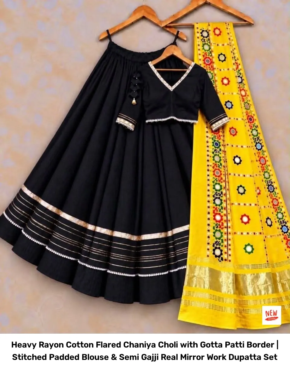 Heavy Rayon Cotton Flared Chaniya Choli with Gotta Patti Border | Stitched Padded Blouse & Semi Gajji Real Mirror Work Dupatta Set 13
