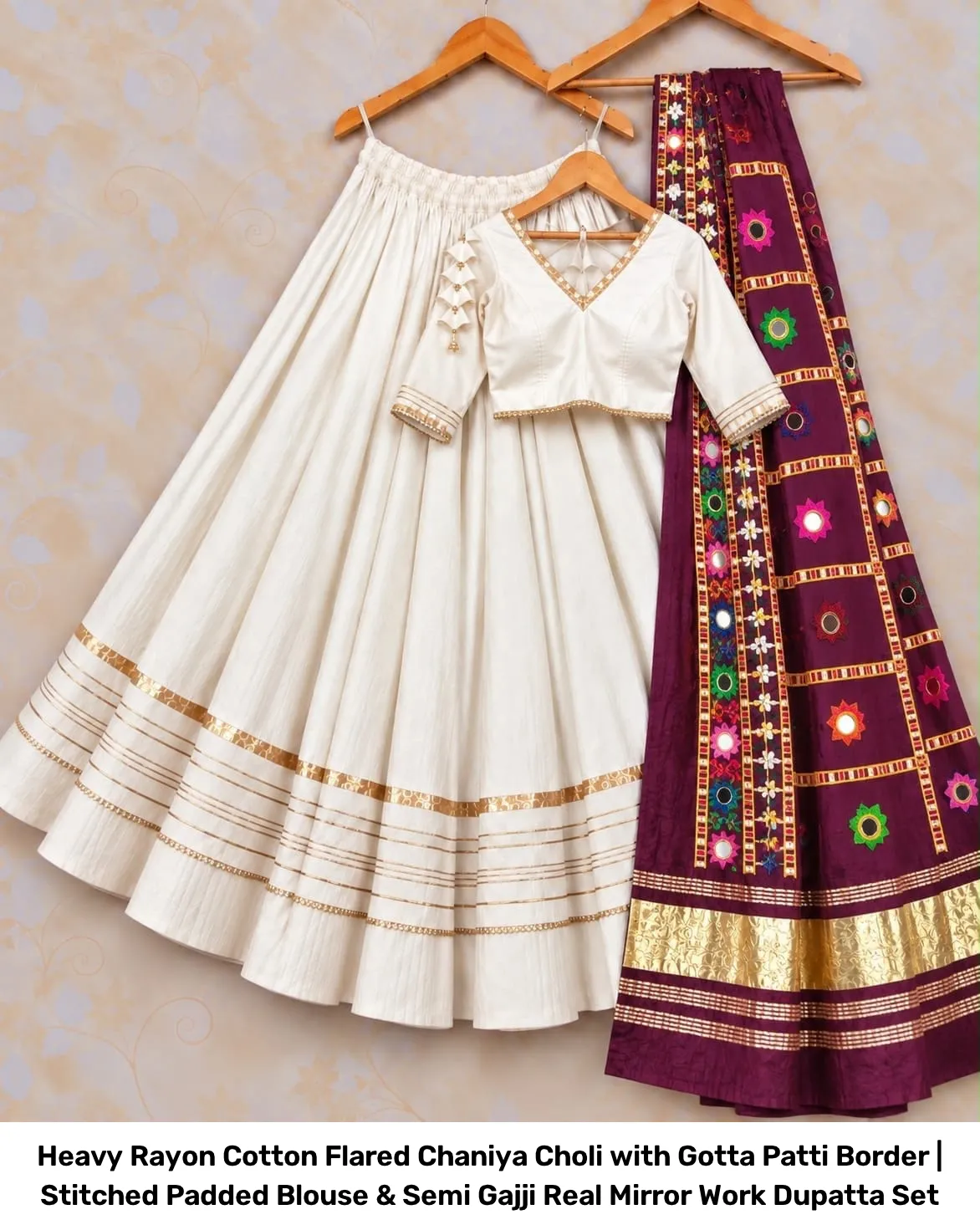 Heavy Rayon Cotton Flared Chaniya Choli with Gotta Patti Border | Stitched Padded Blouse & Semi Gajji Real Mirror Work Dupatta Set 14