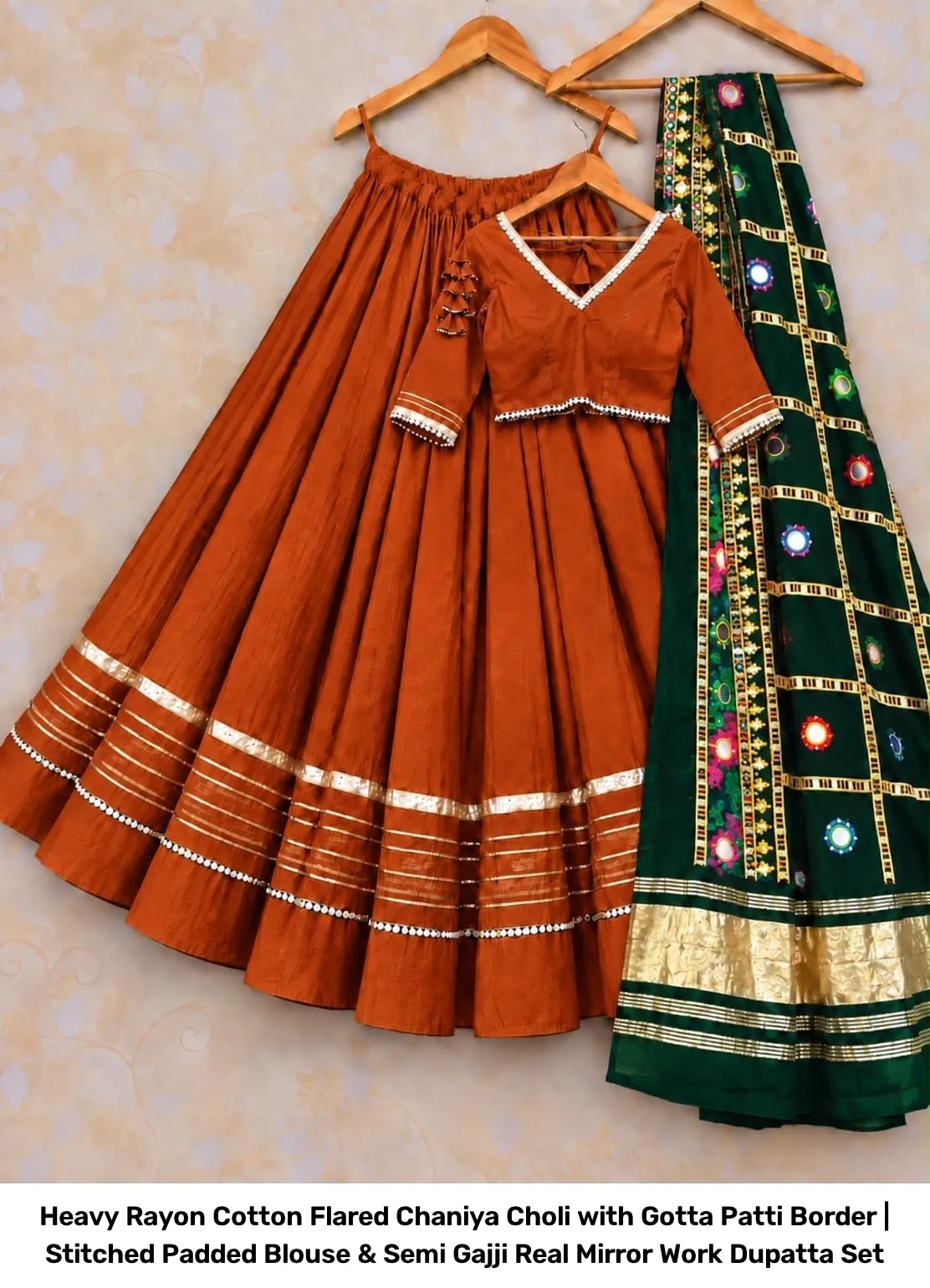 Heavy Rayon Cotton Flared Chaniya Choli with Gotta Patti Border | Stitched Padded Blouse & Semi Gajji Real Mirror Work Dupatta Set 15