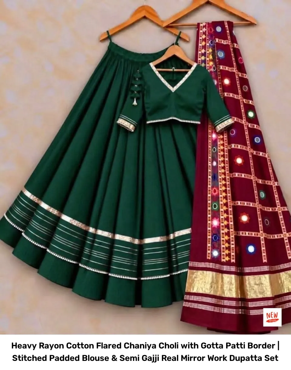 Heavy Rayon Cotton Flared Chaniya Choli with Gotta Patti Border | Stitched Padded Blouse & Semi Gajji Real Mirror Work Dupatta Set 16