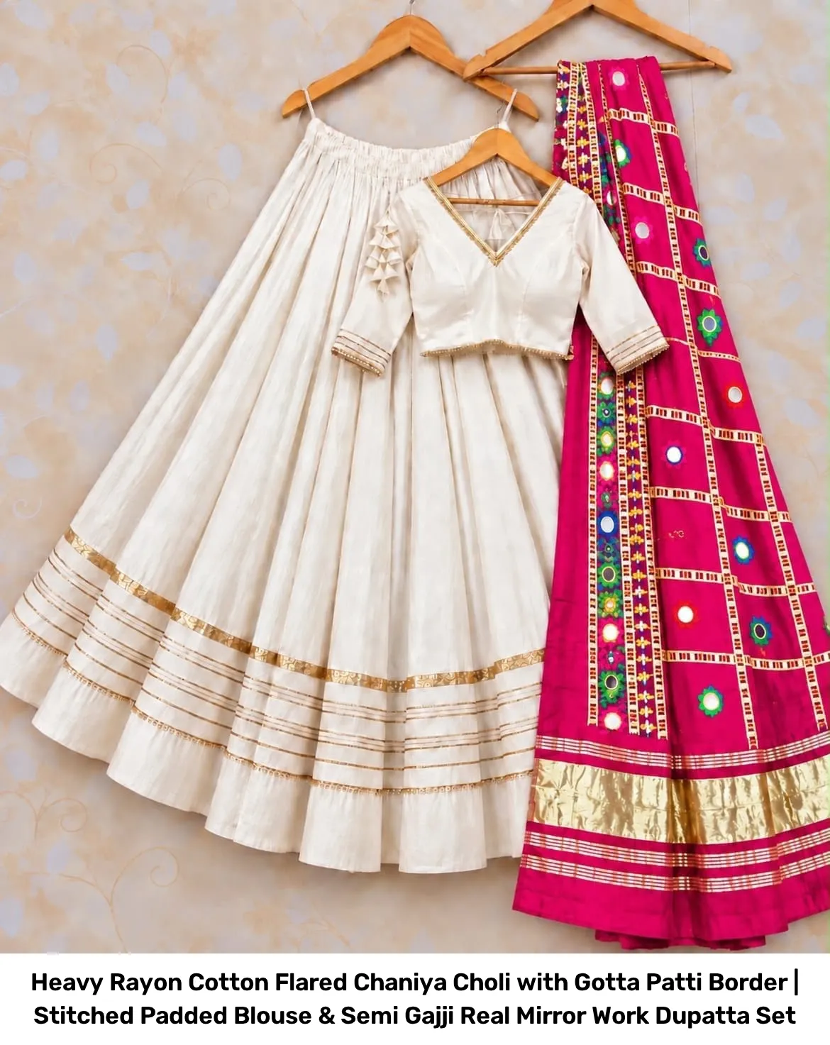 Heavy Rayon Cotton Flared Chaniya Choli with Gotta Patti Border | Stitched Padded Blouse & Semi Gajji Real Mirror Work Dupatta Set 17