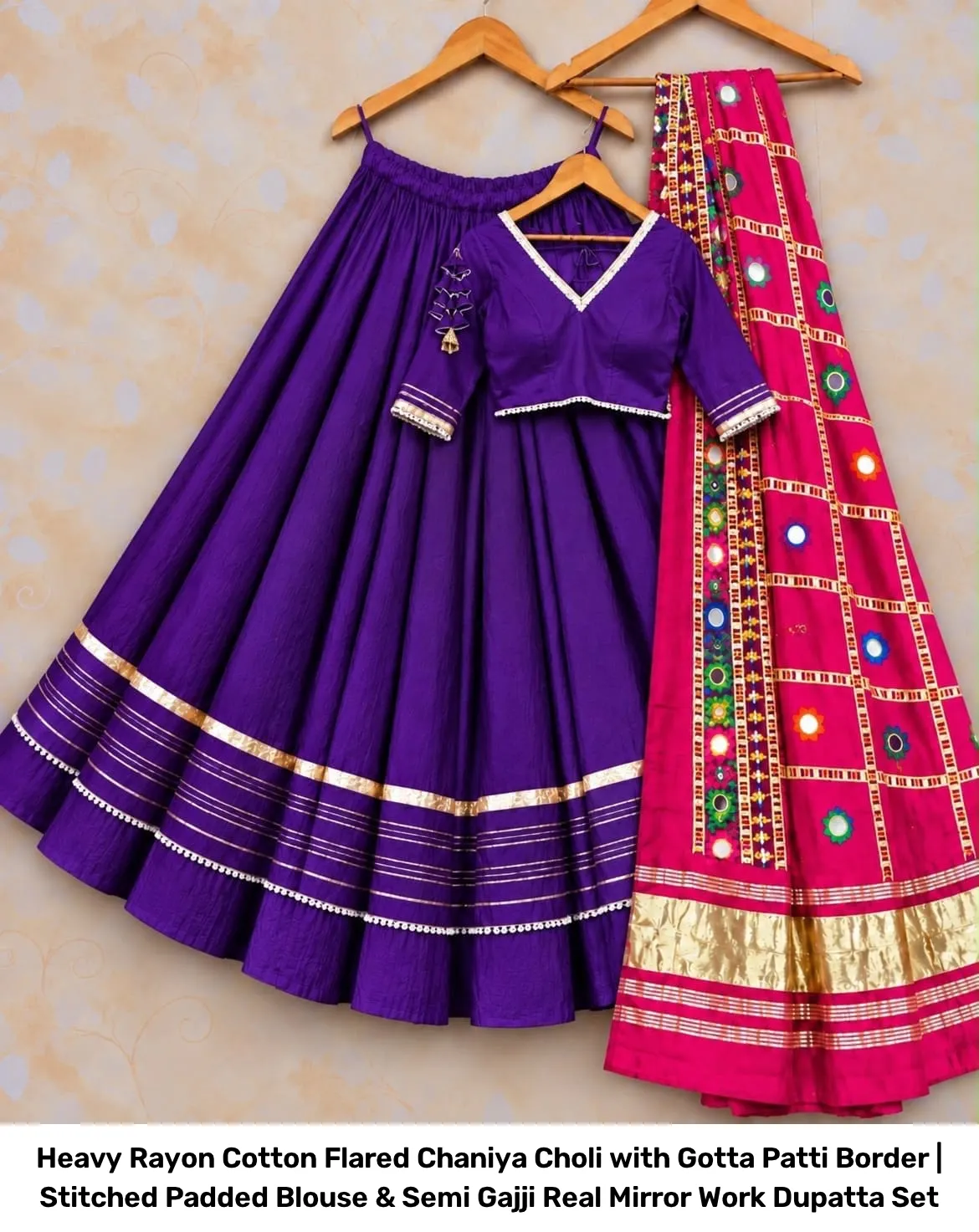 Heavy Rayon Cotton Flared Chaniya Choli with Gotta Patti Border | Stitched Padded Blouse & Semi Gajji Real Mirror Work Dupatta Set 18