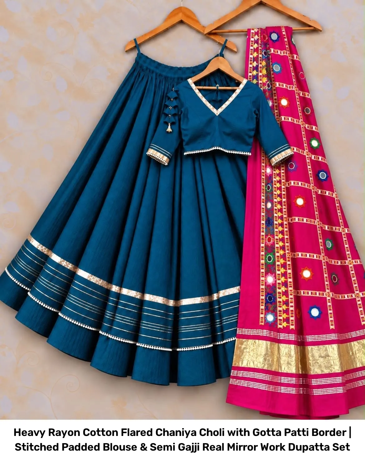 Heavy Rayon Cotton Flared Chaniya Choli with Gotta Patti Border | Stitched Padded Blouse & Semi Gajji Real Mirror Work Dupatta Set 19