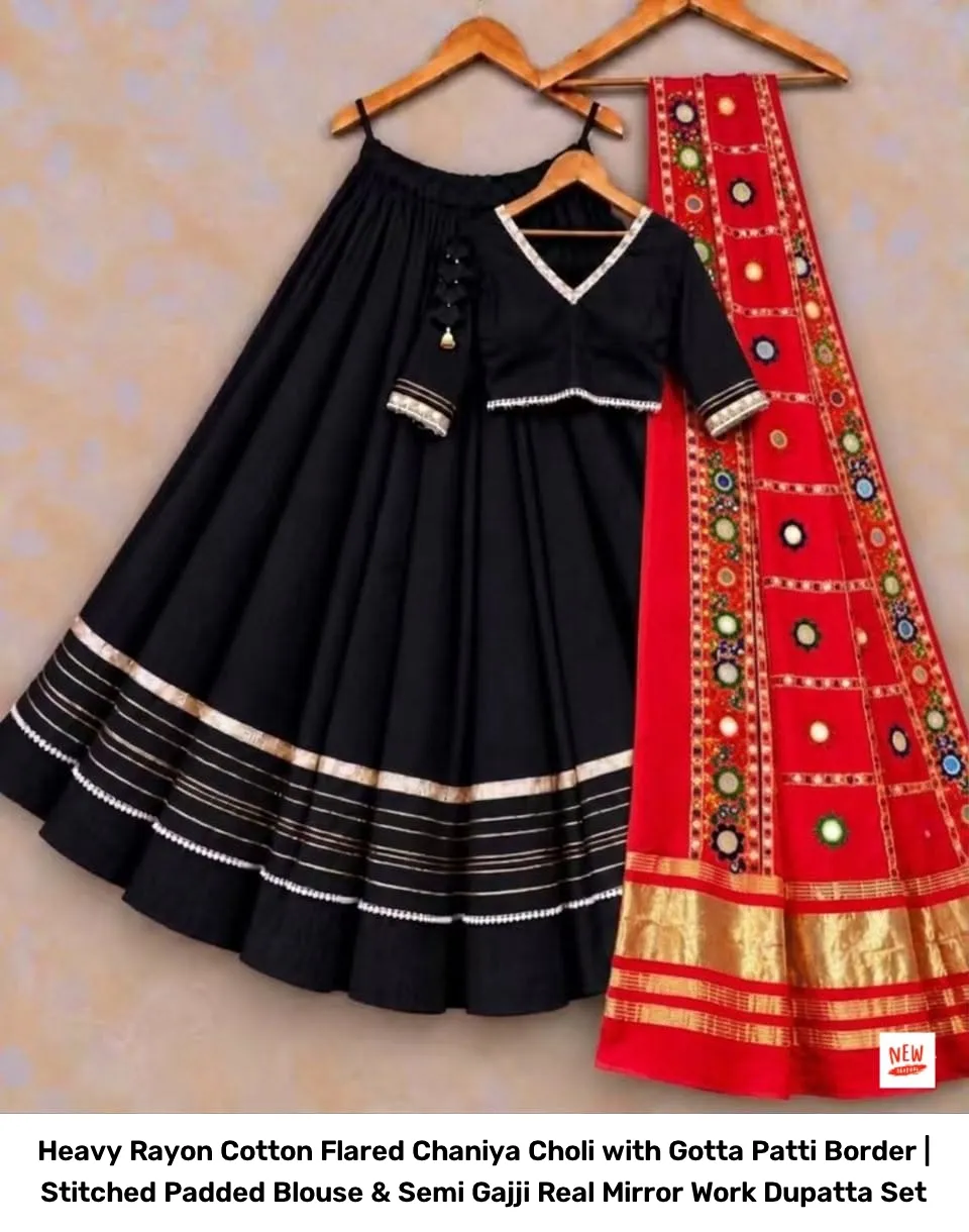 Heavy Rayon Cotton Flared Chaniya Choli with Gotta Patti Border | Stitched Padded Blouse & Semi Gajji Real Mirror Work Dupatta Set 2