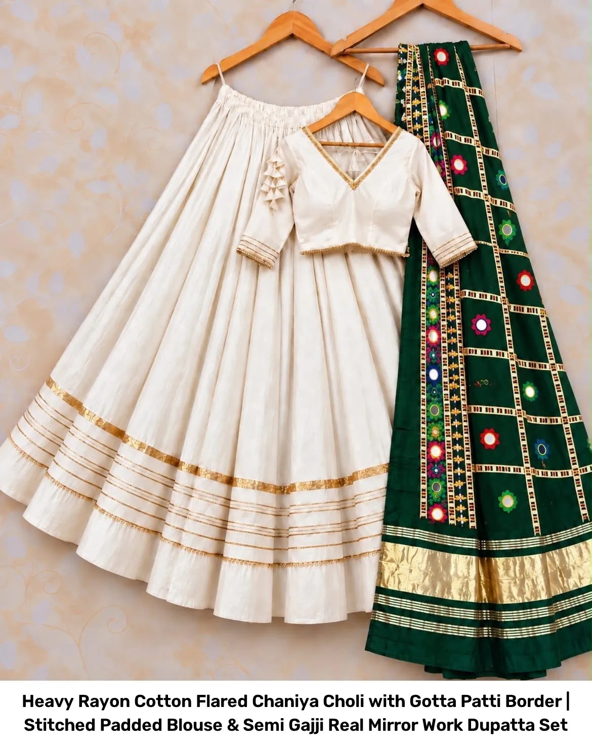 Heavy Rayon Cotton Flared Chaniya Choli with Gotta Patti Border | Stitched Padded Blouse & Semi Gajji Real Mirror Work Dupatta Set 20