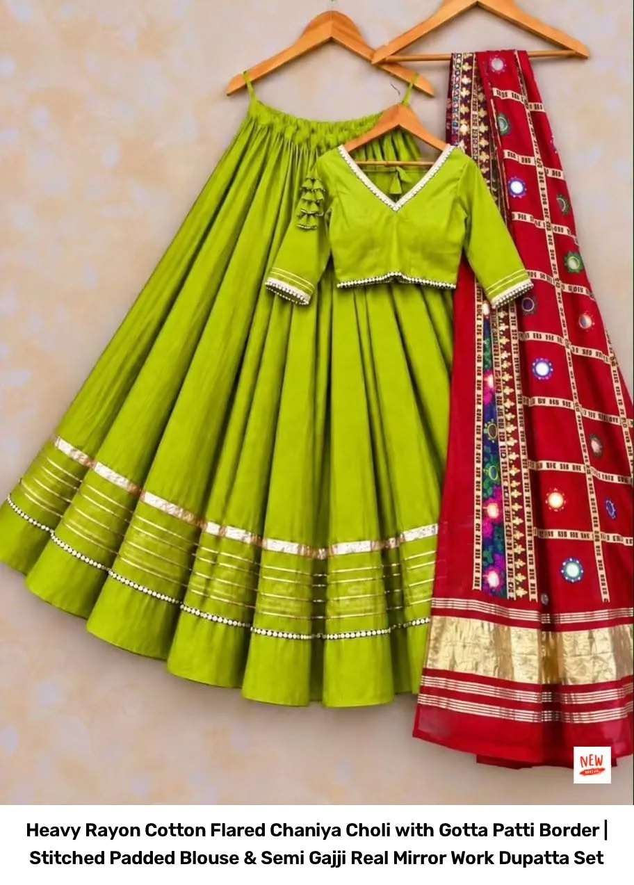 Heavy Rayon Cotton Flared Chaniya Choli with Gotta Patti Border | Stitched Padded Blouse & Semi Gajji Real Mirror Work Dupatta Set 3