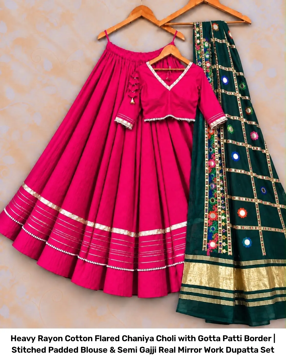 Heavy Rayon Cotton Flared Chaniya Choli with Gotta Patti Border | Stitched Padded Blouse & Semi Gajji Real Mirror Work Dupatta Set 4