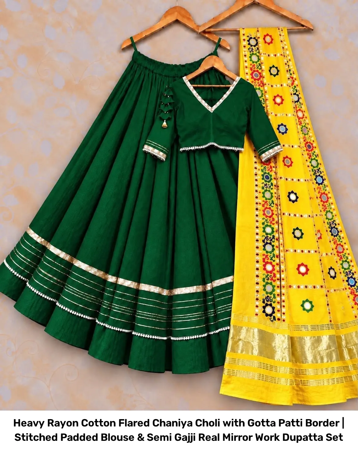 Heavy Rayon Cotton Flared Chaniya Choli with Gotta Patti Border | Stitched Padded Blouse & Semi Gajji Real Mirror Work Dupatta Set 5