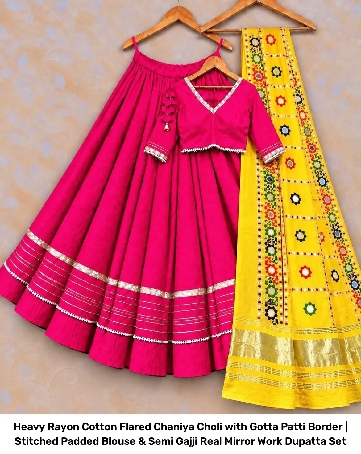 Heavy Rayon Cotton Flared Chaniya Choli with Gotta Patti Border | Stitched Padded Blouse & Semi Gajji Real Mirror Work Dupatta Set 6