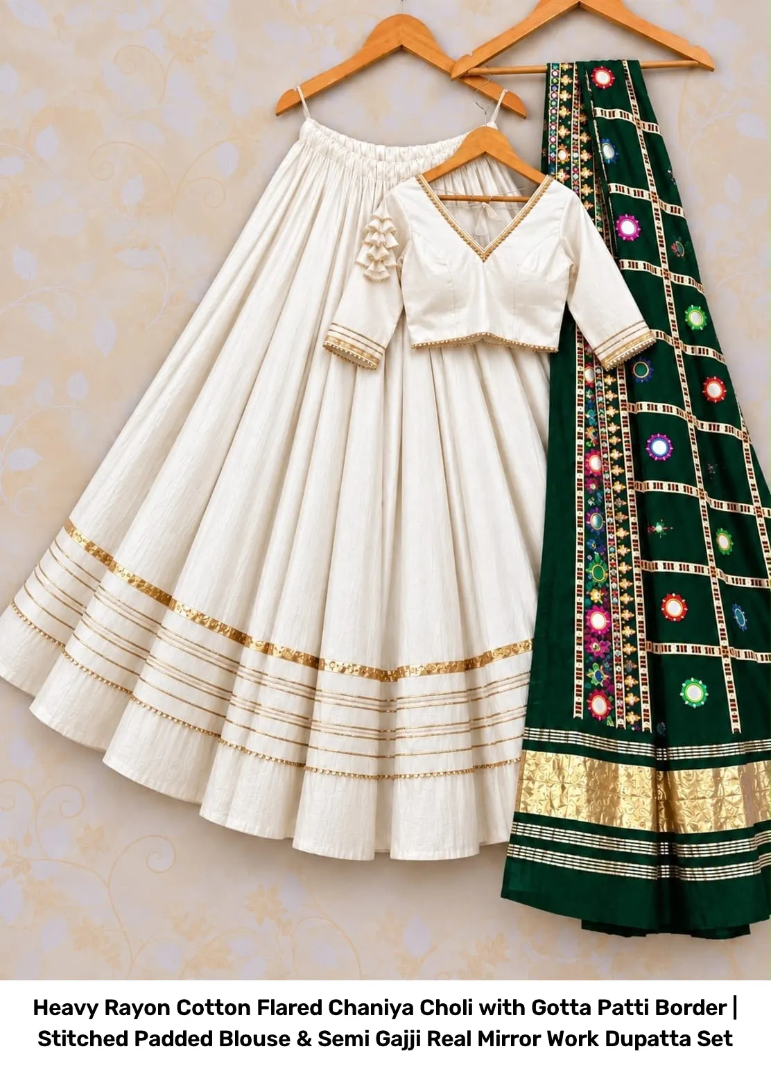 Heavy Rayon Cotton Flared Chaniya Choli with Gotta Patti Border | Stitched Padded Blouse & Semi Gajji Real Mirror Work Dupatta Set 7
