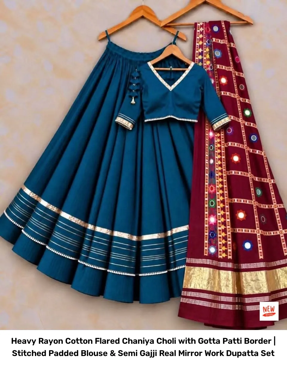 Heavy Rayon Cotton Flared Chaniya Choli with Gotta Patti Border | Stitched Padded Blouse & Semi Gajji Real Mirror Work Dupatta Set 8