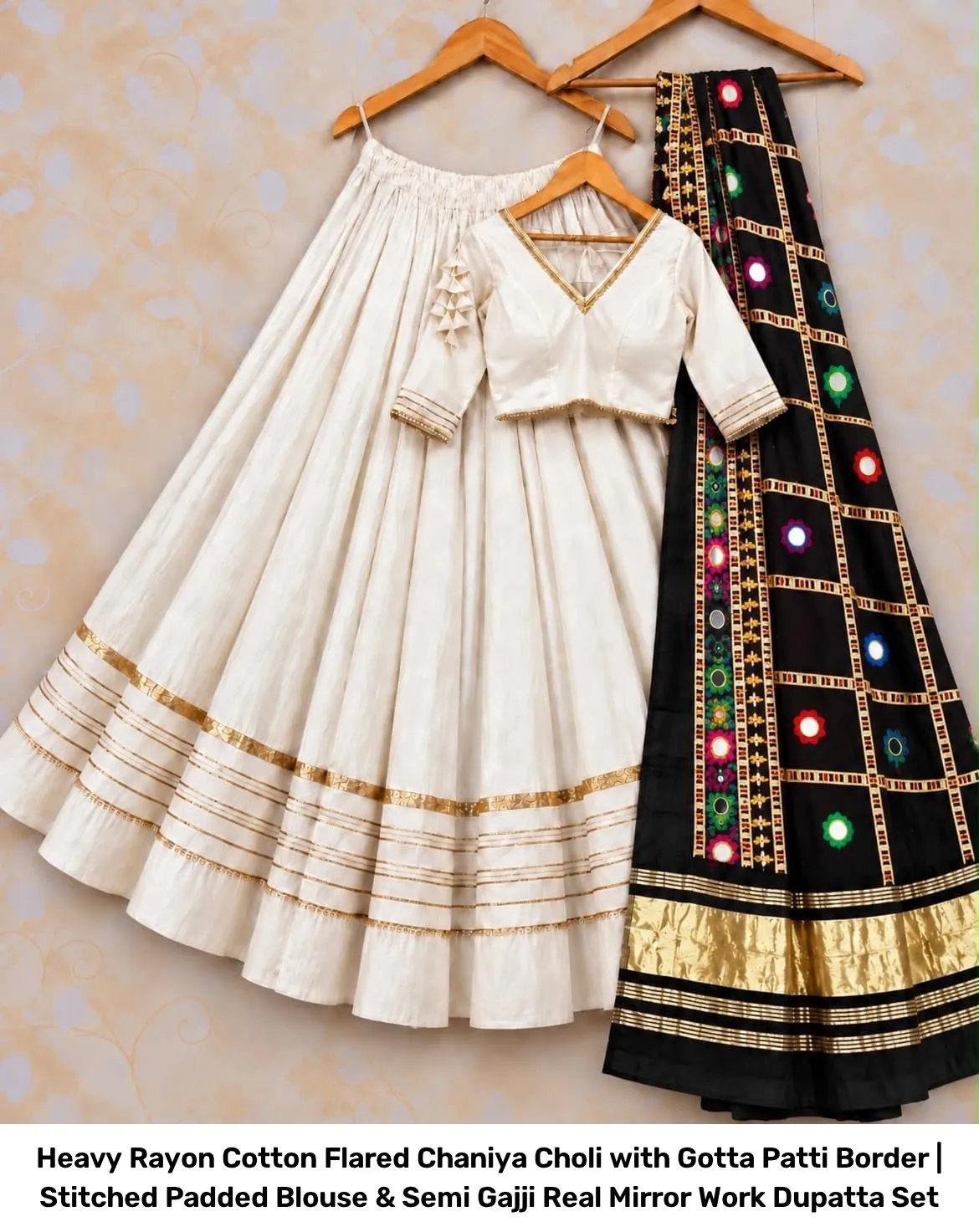 Heavy Rayon Cotton Flared Chaniya Choli with Gotta Patti Border | Stitched Padded Blouse & Semi Gajji Real Mirror Work Dupatta Set 9