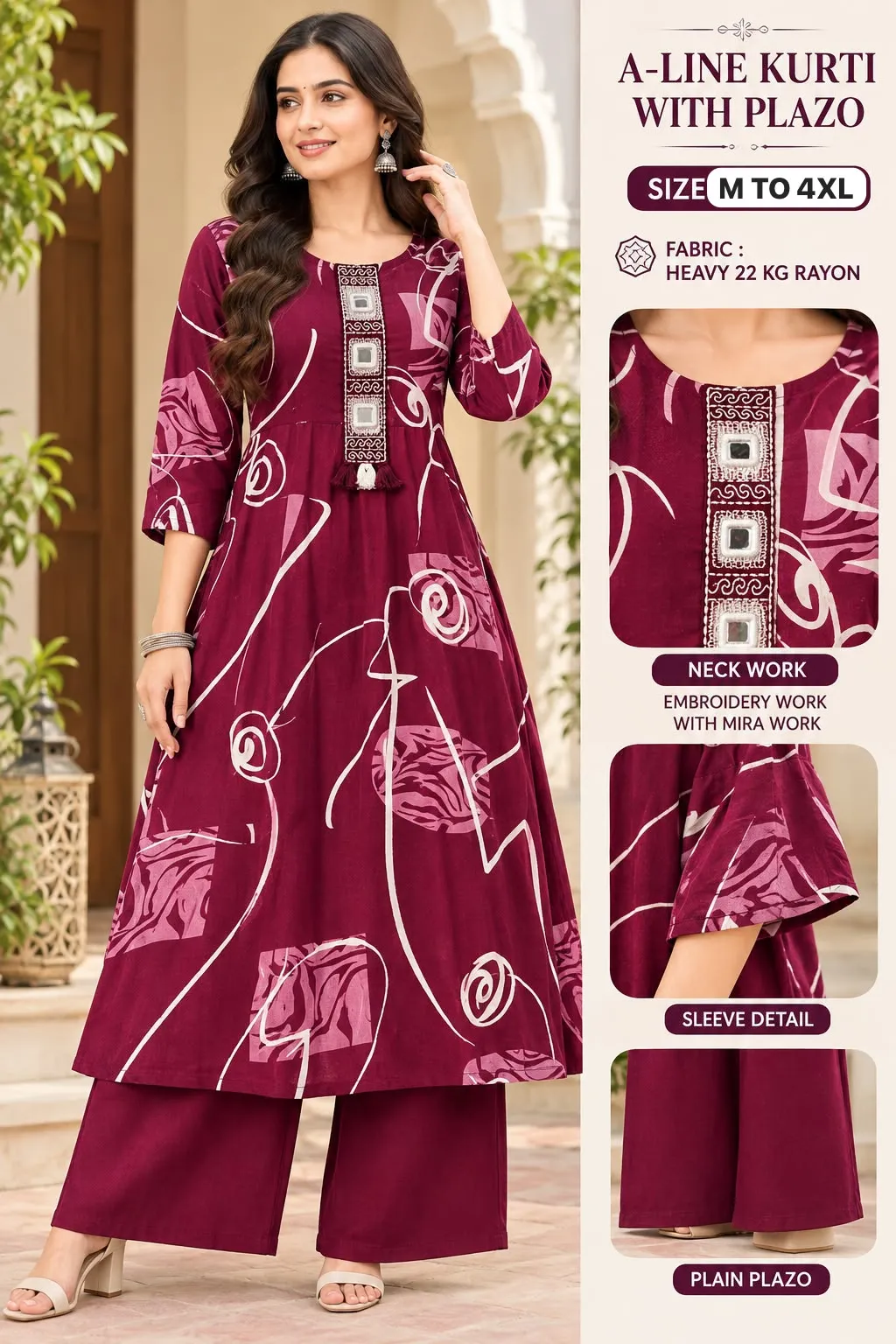 Heavy Rayon Printed A-Line Kurti with Plazo Set | Handwork Mirror Neck Embroidery Co-Ord Set with Pocket (M to 5XL)