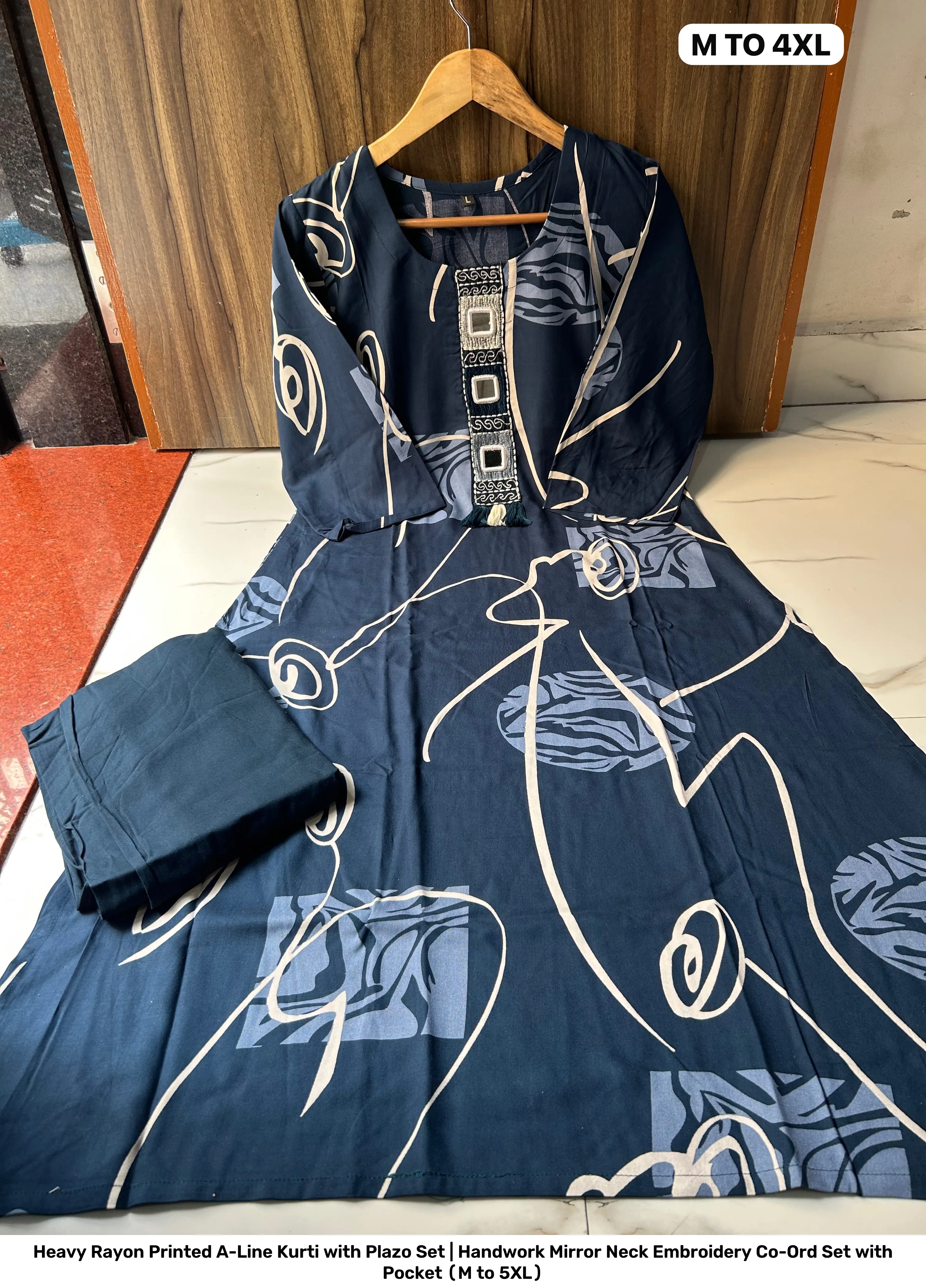Heavy Rayon Printed A-Line Kurti with Plazo Set | Handwork Mirror Neck Embroidery Co-Ord Set with Pocket (M to 5XL) 2