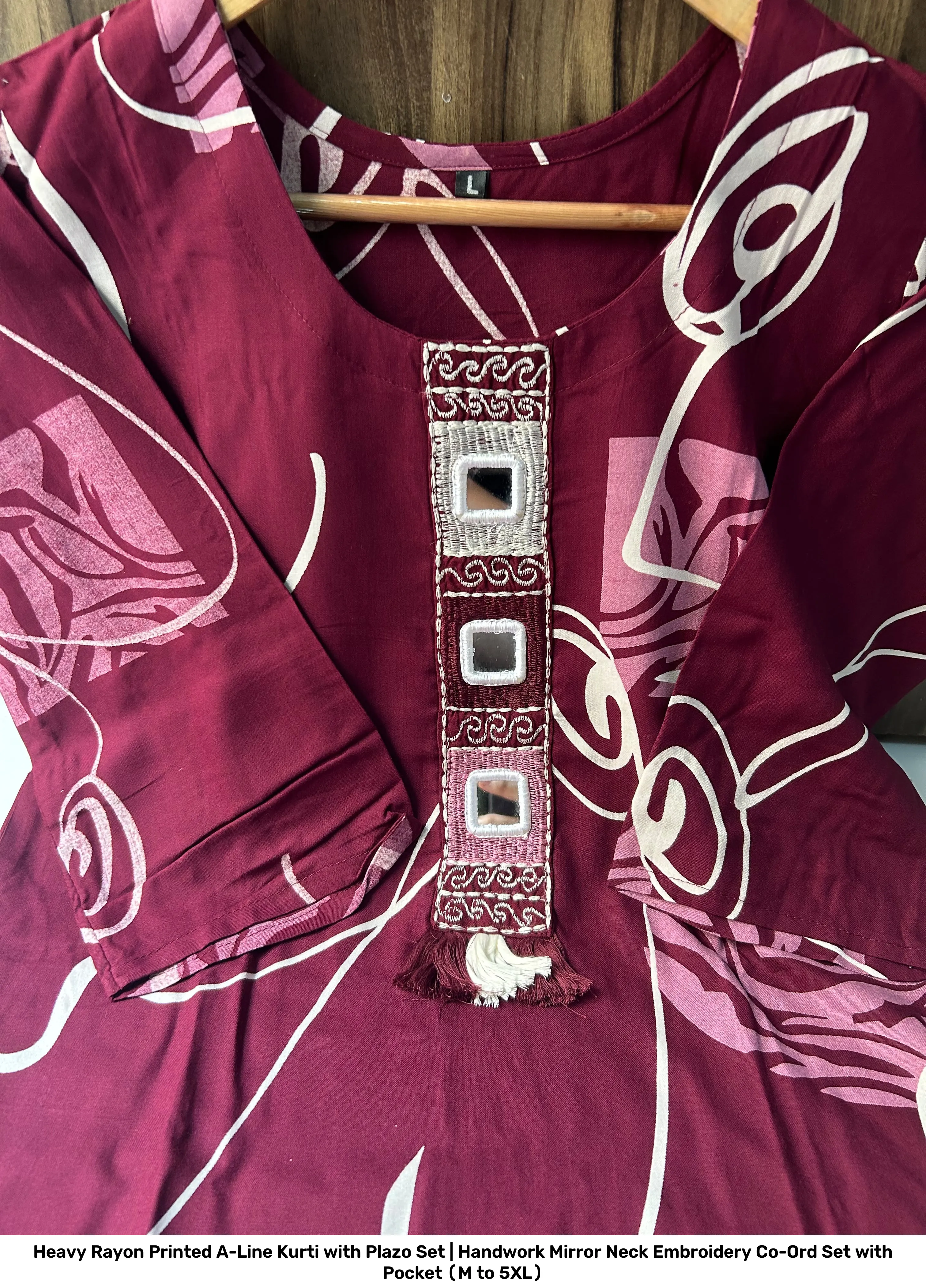 Heavy Rayon Printed A-Line Kurti with Plazo Set | Handwork Mirror Neck Embroidery Co-Ord Set with Pocket (M to 5XL) 3