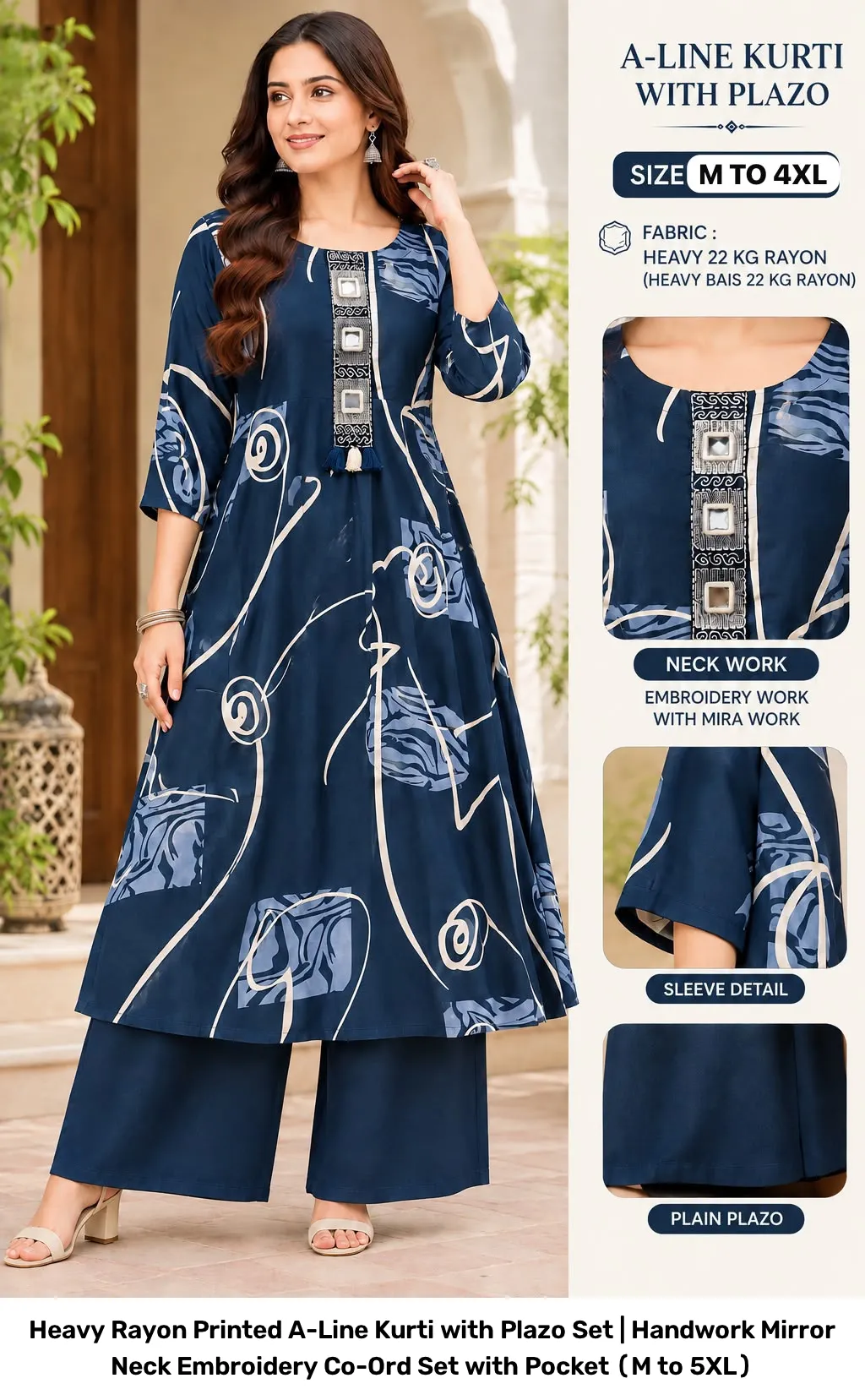 Heavy Rayon Printed A-Line Kurti with Plazo Set | Handwork Mirror Neck Embroidery Co-Ord Set with Pocket (M to 5XL) 4