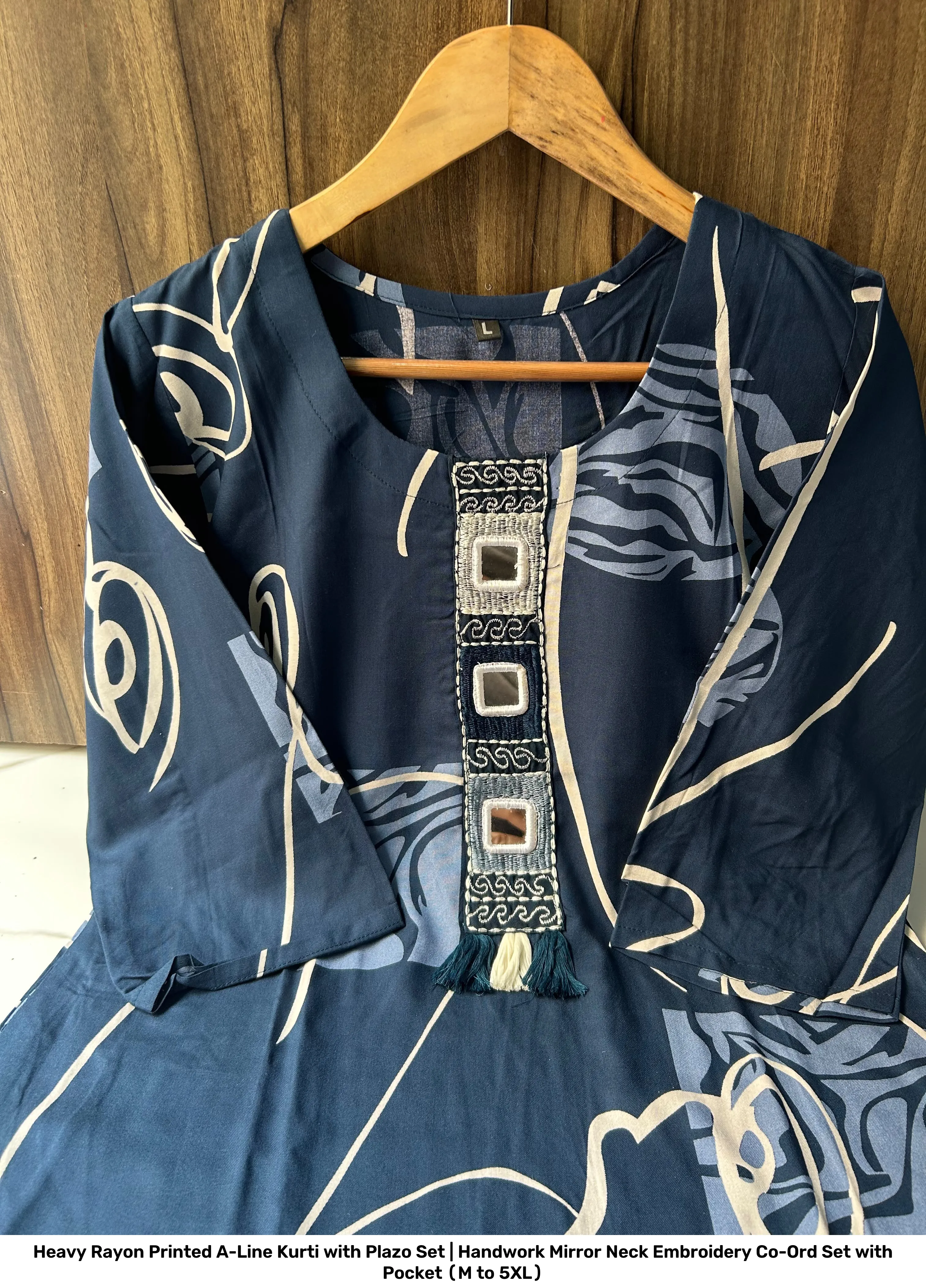 Heavy Rayon Printed A-Line Kurti with Plazo Set | Handwork Mirror Neck Embroidery Co-Ord Set with Pocket (M to 5XL) 5