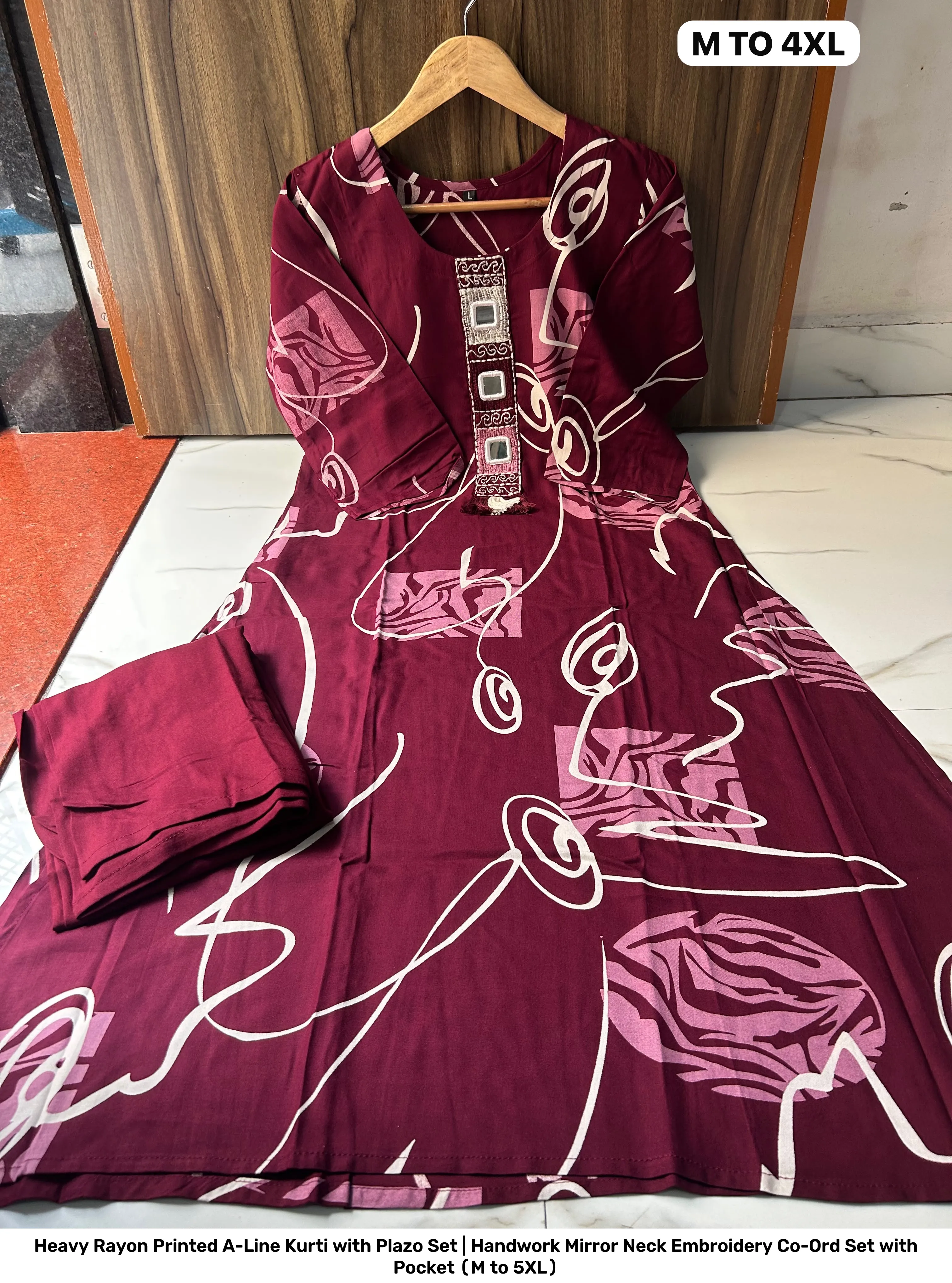 Heavy Rayon Printed A-Line Kurti with Plazo Set | Handwork Mirror Neck Embroidery Co-Ord Set with Pocket (M to 5XL) 6