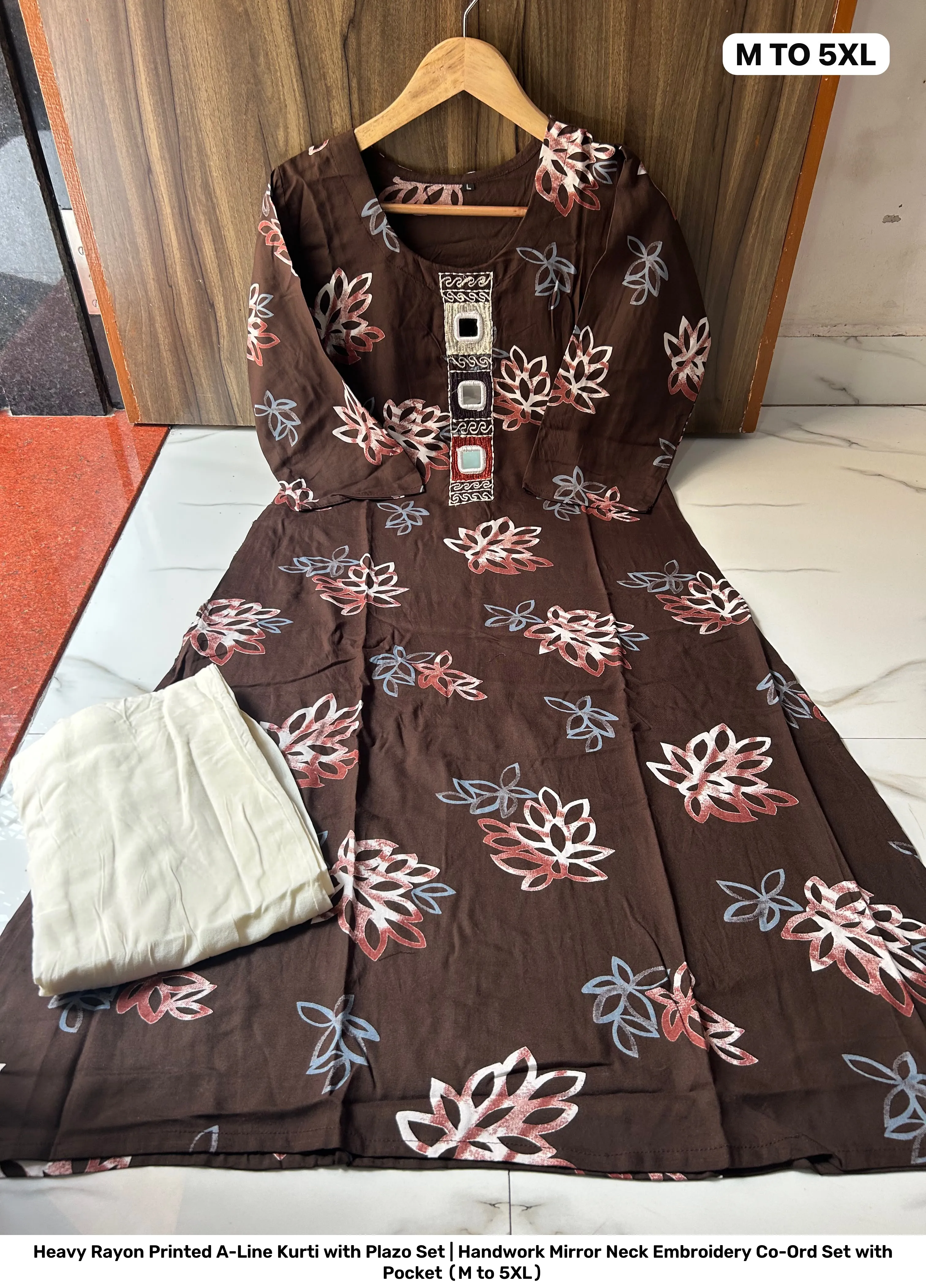 Heavy Rayon Printed A-Line Kurti with Plazo Set | Handwork Mirror Neck Embroidery Co-Ord Set with Pocket (M to 5XL) 7
