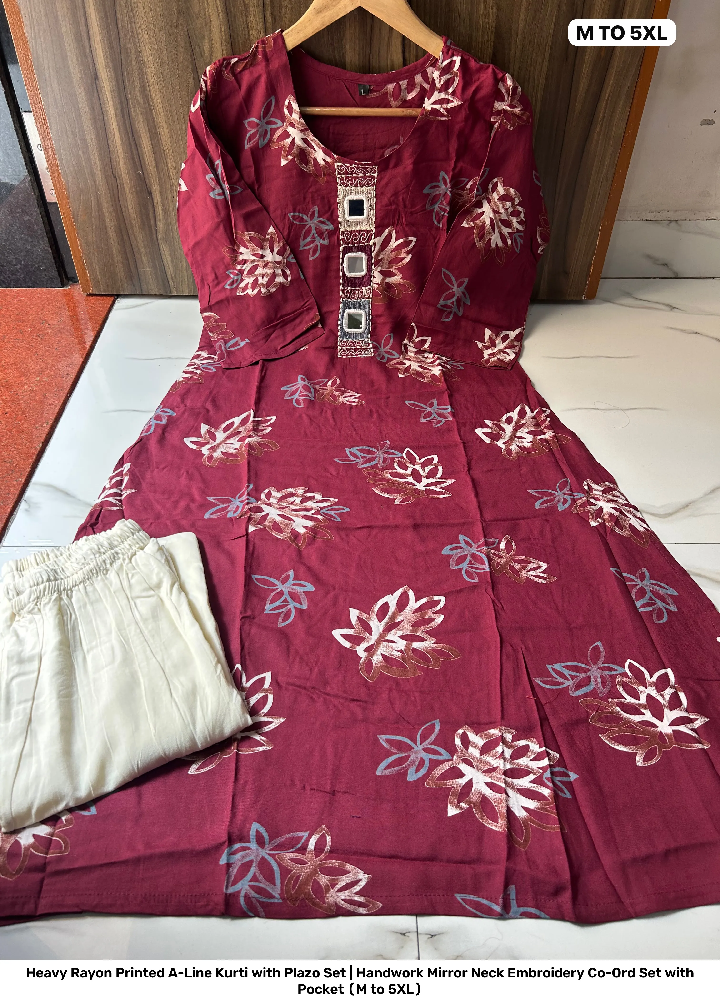 Heavy Rayon Printed A-Line Kurti with Plazo Set | Handwork Mirror Neck Embroidery Co-Ord Set with Pocket (M to 5XL) 8