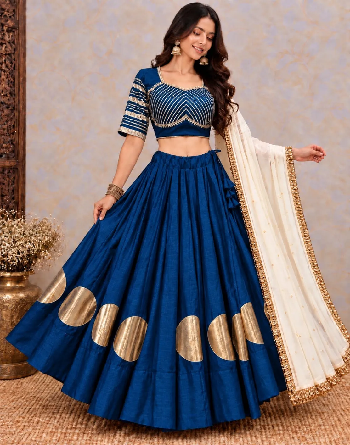 Heavy Roman Silk Kali Lehenga Choli with 6 Meter Flair | Foil Mirror Work Blouse & Rajputi Lace Georgette Dupatta Set