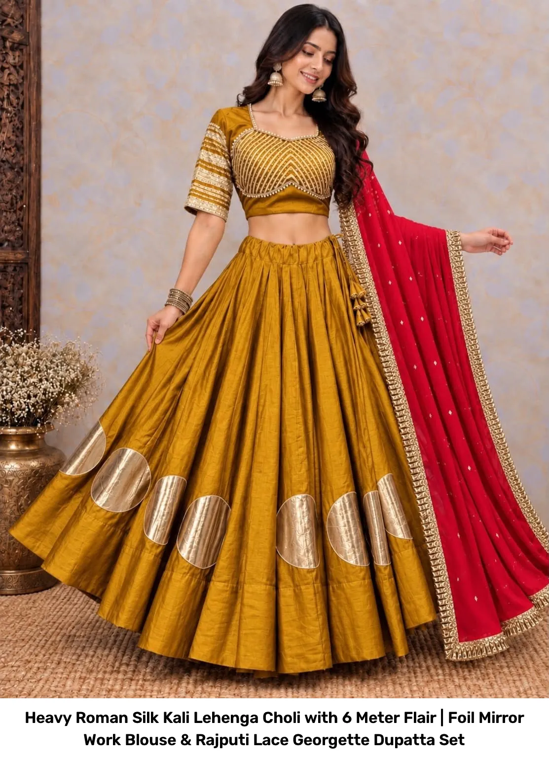 Heavy Roman Silk Kali Lehenga Choli with 6 Meter Flair | Foil Mirror Work Blouse & Rajputi Lace Georgette Dupatta Set 10