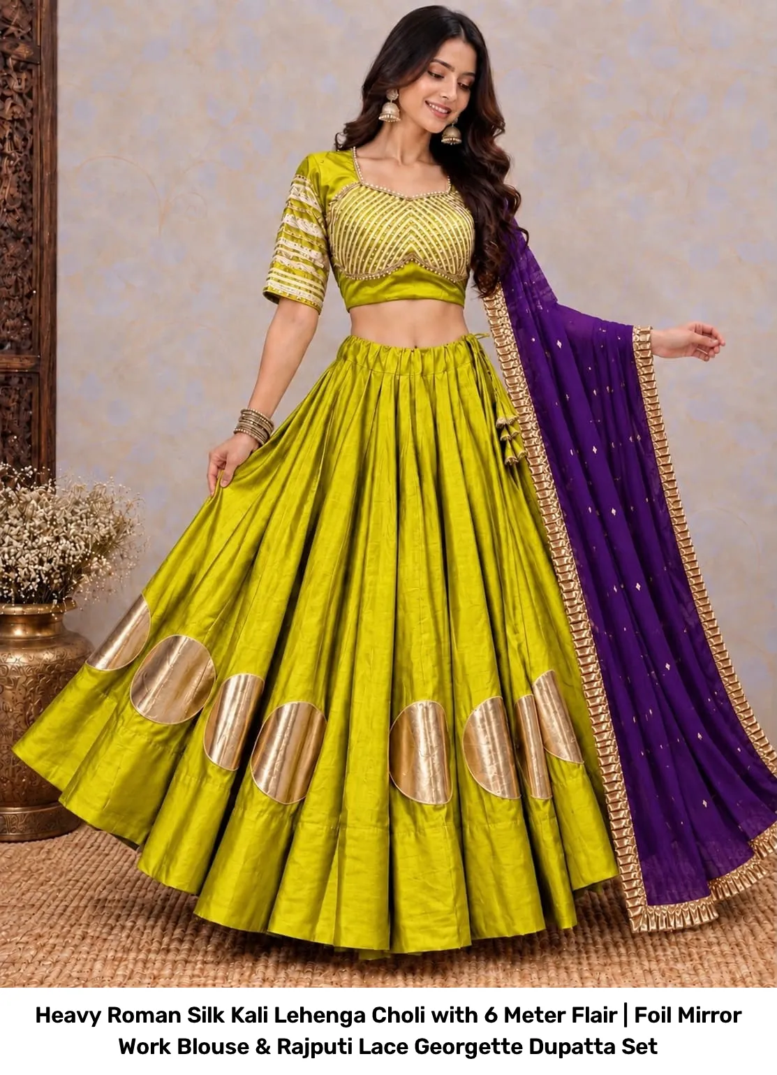 Heavy Roman Silk Kali Lehenga Choli with 6 Meter Flair | Foil Mirror Work Blouse & Rajputi Lace Georgette Dupatta Set 11