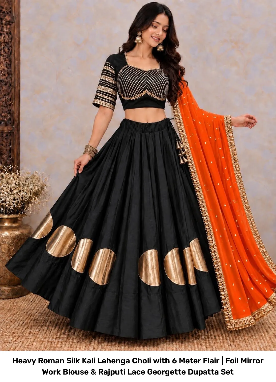 Heavy Roman Silk Kali Lehenga Choli with 6 Meter Flair | Foil Mirror Work Blouse & Rajputi Lace Georgette Dupatta Set 12