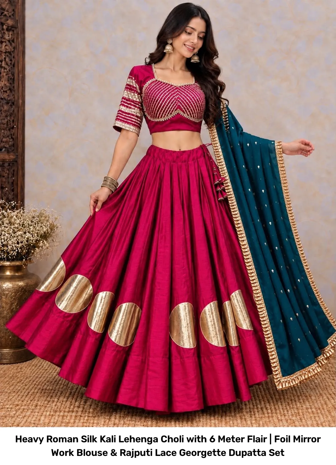 Heavy Roman Silk Kali Lehenga Choli with 6 Meter Flair | Foil Mirror Work Blouse & Rajputi Lace Georgette Dupatta Set 13