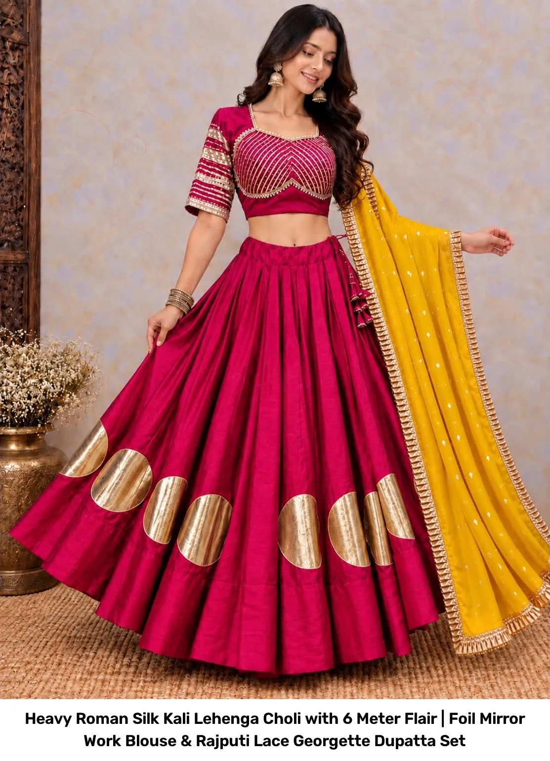 Heavy Roman Silk Kali Lehenga Choli with 6 Meter Flair | Foil Mirror Work Blouse & Rajputi Lace Georgette Dupatta Set 14