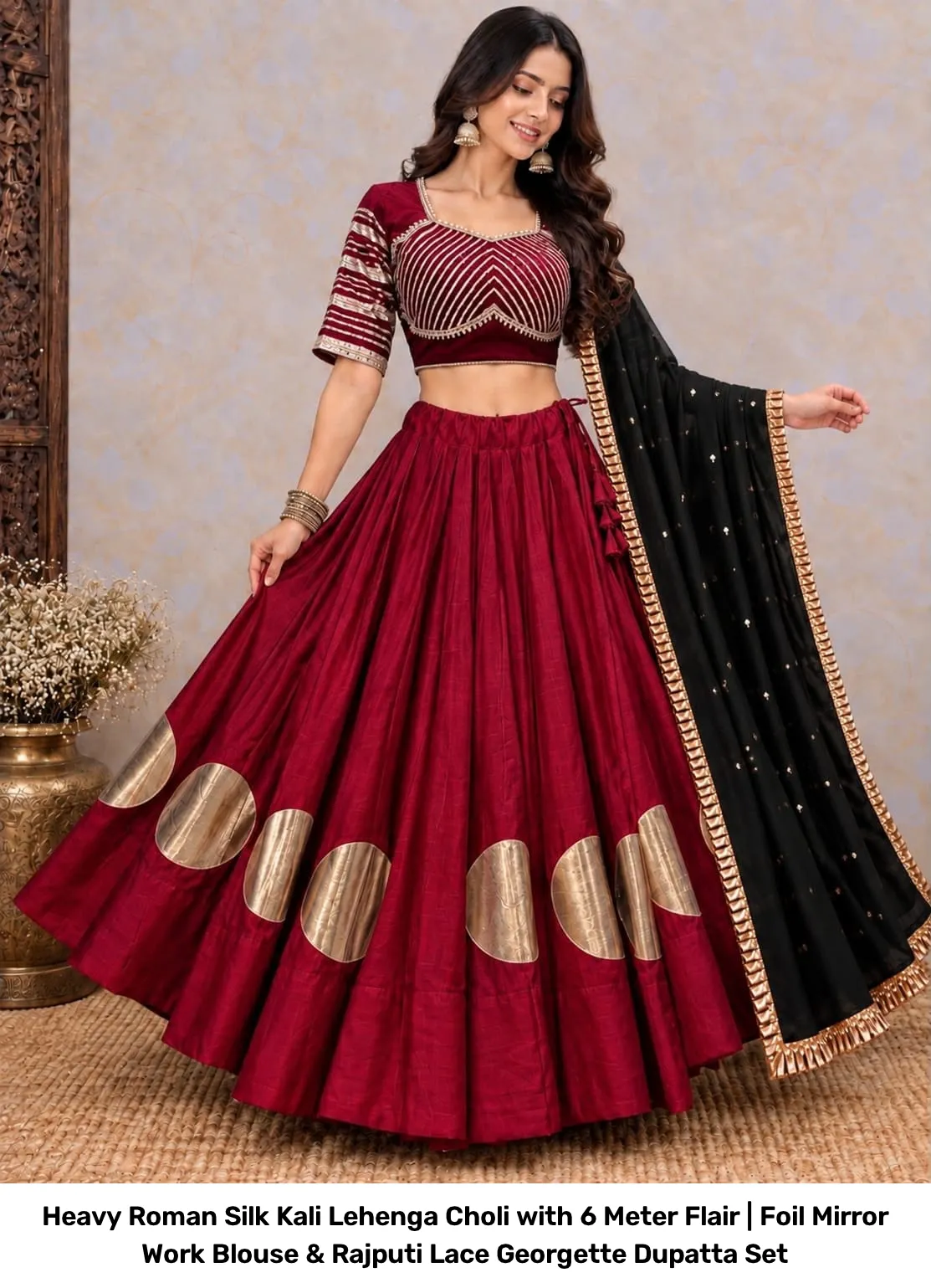 Heavy Roman Silk Kali Lehenga Choli with 6 Meter Flair | Foil Mirror Work Blouse & Rajputi Lace Georgette Dupatta Set 15