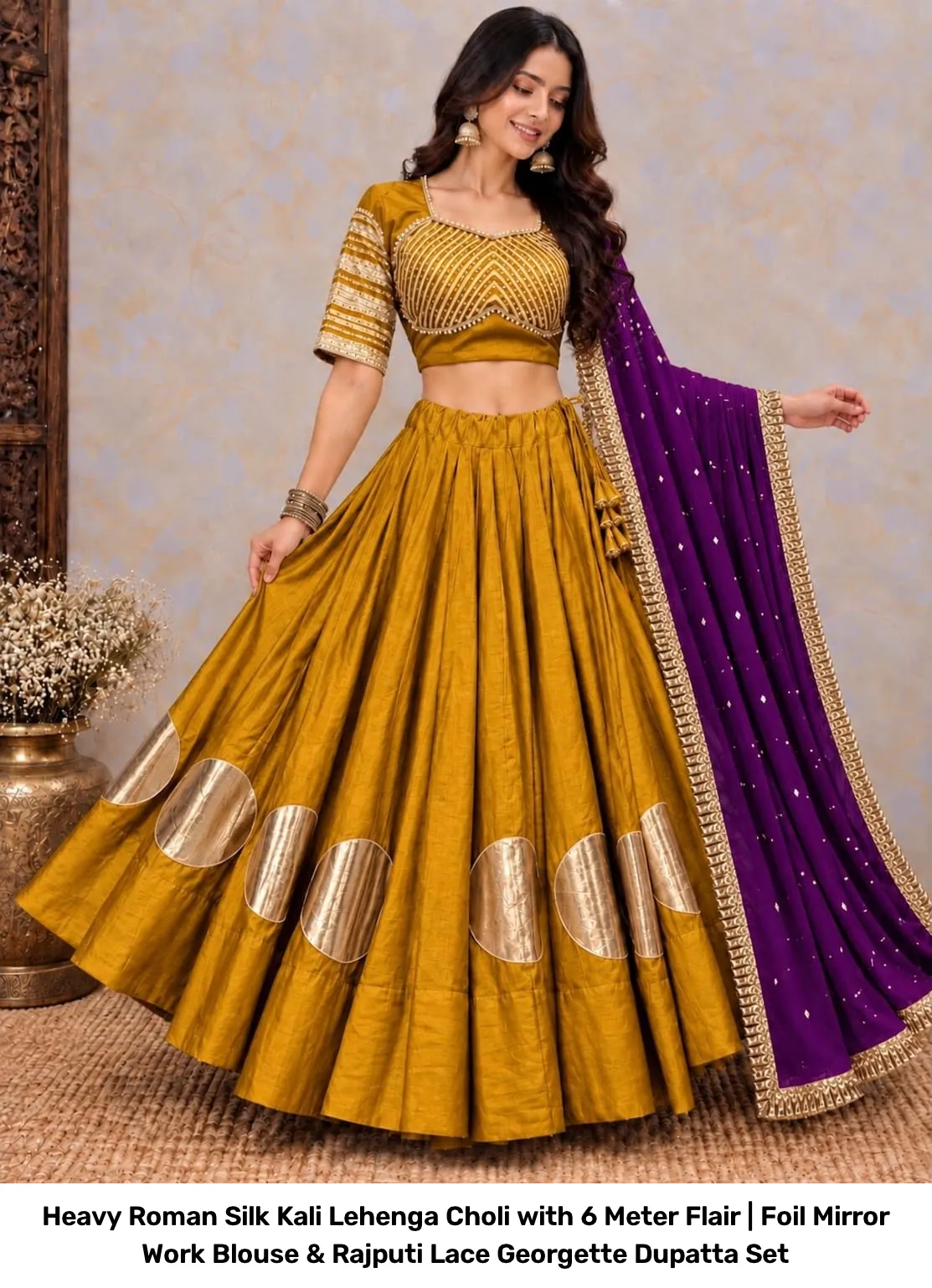 Heavy Roman Silk Kali Lehenga Choli with 6 Meter Flair | Foil Mirror Work Blouse & Rajputi Lace Georgette Dupatta Set 16
