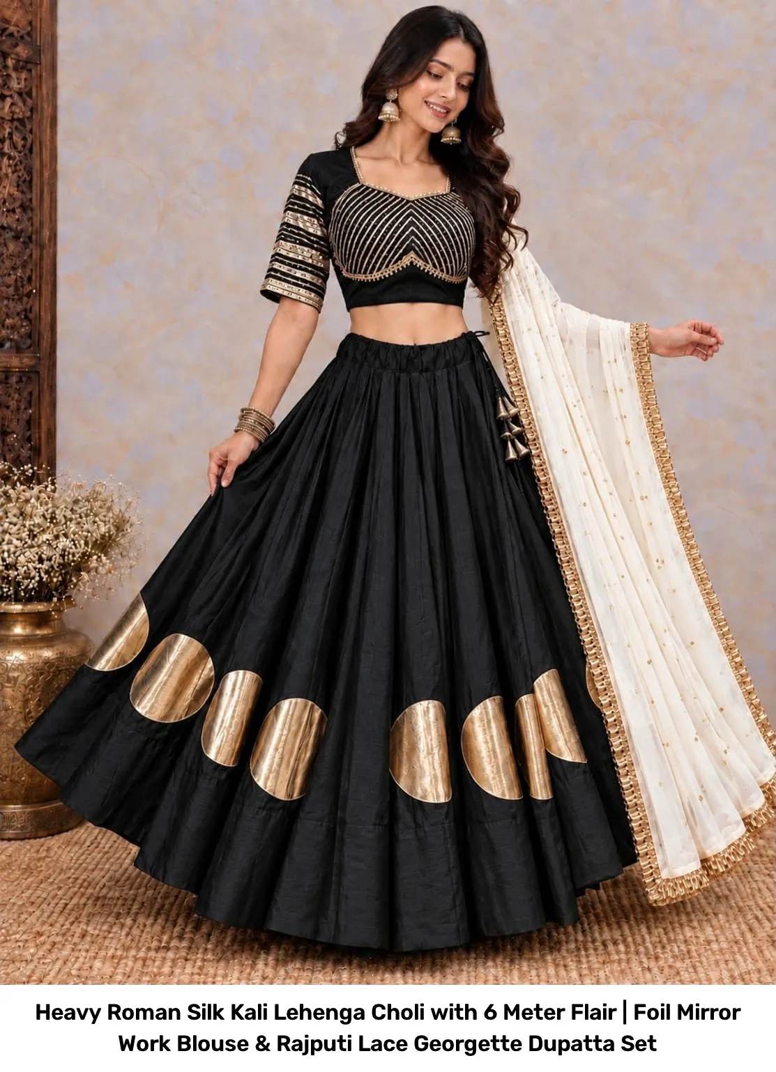 Heavy Roman Silk Kali Lehenga Choli with 6 Meter Flair | Foil Mirror Work Blouse & Rajputi Lace Georgette Dupatta Set 17