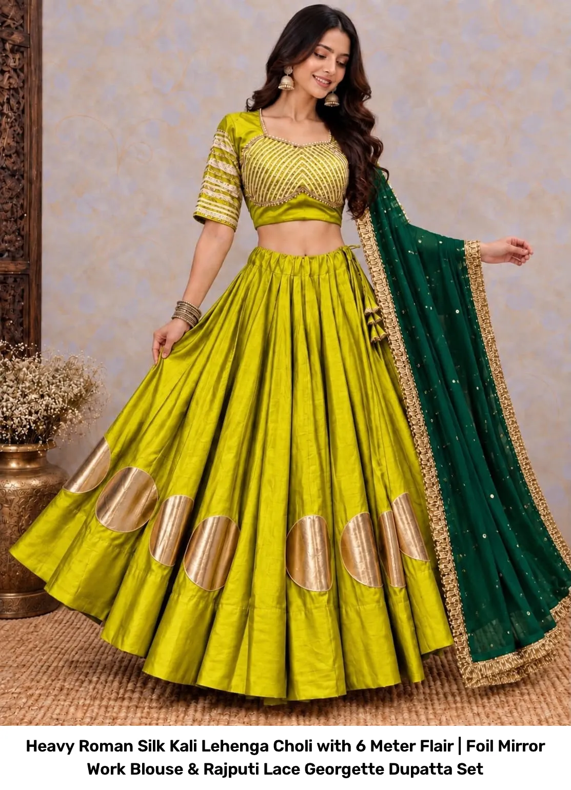 Heavy Roman Silk Kali Lehenga Choli with 6 Meter Flair | Foil Mirror Work Blouse & Rajputi Lace Georgette Dupatta Set 2
