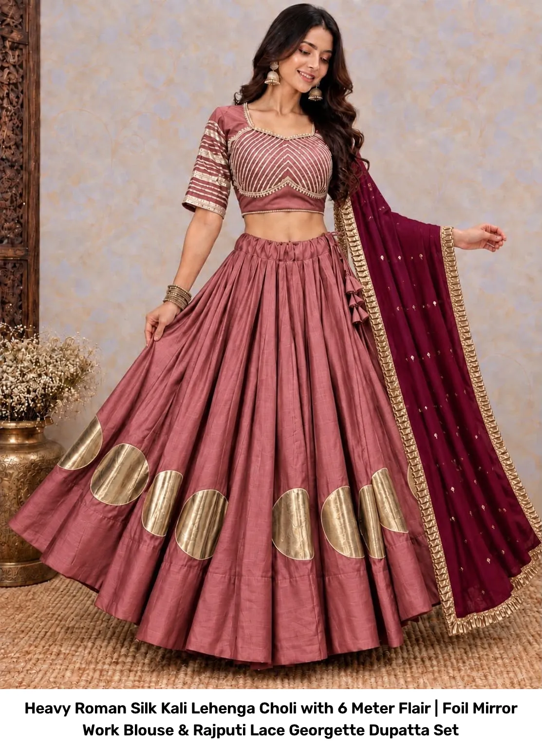 Heavy Roman Silk Kali Lehenga Choli with 6 Meter Flair | Foil Mirror Work Blouse & Rajputi Lace Georgette Dupatta Set 3