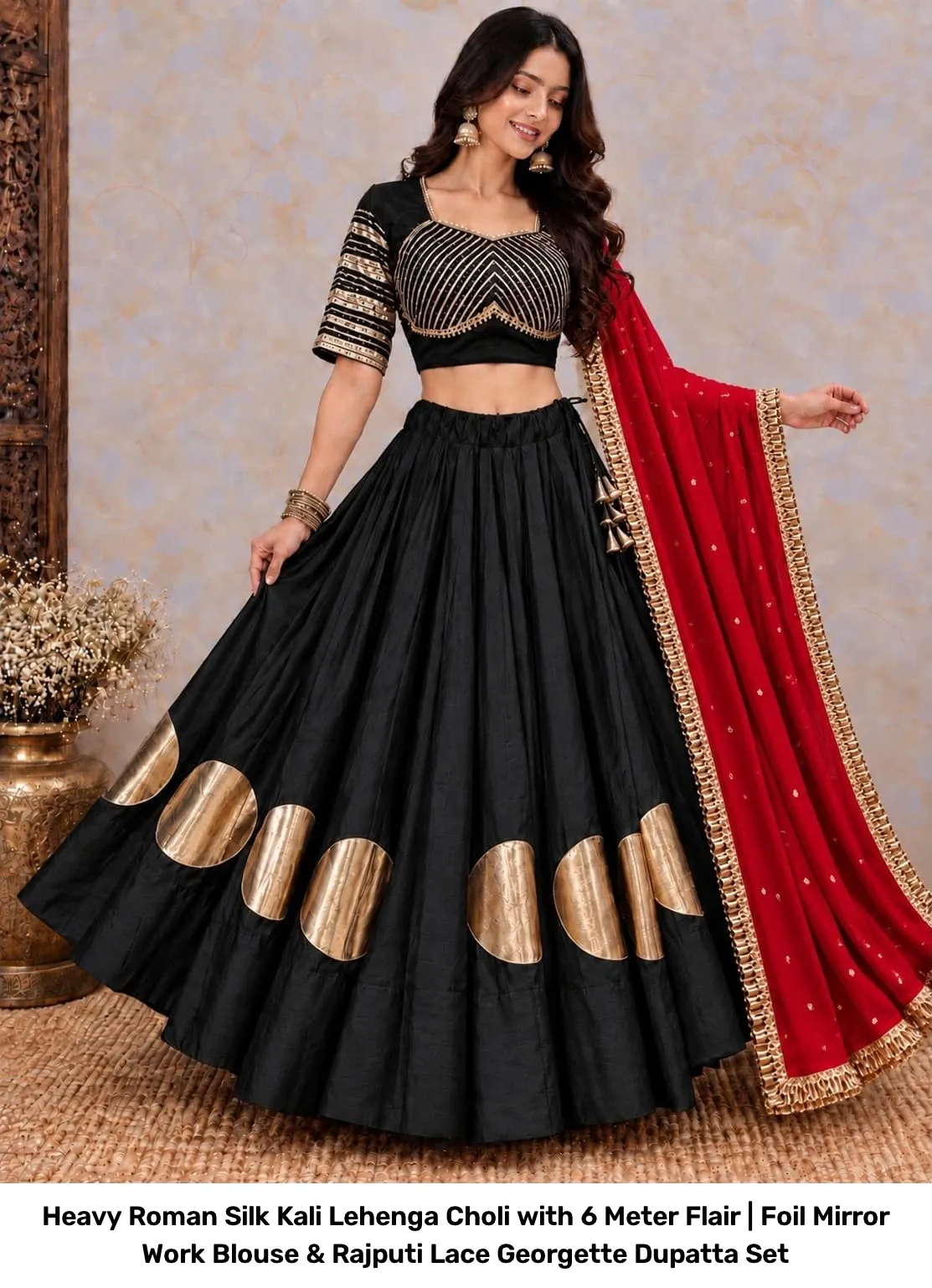 Heavy Roman Silk Kali Lehenga Choli with 6 Meter Flair | Foil Mirror Work Blouse & Rajputi Lace Georgette Dupatta Set 4