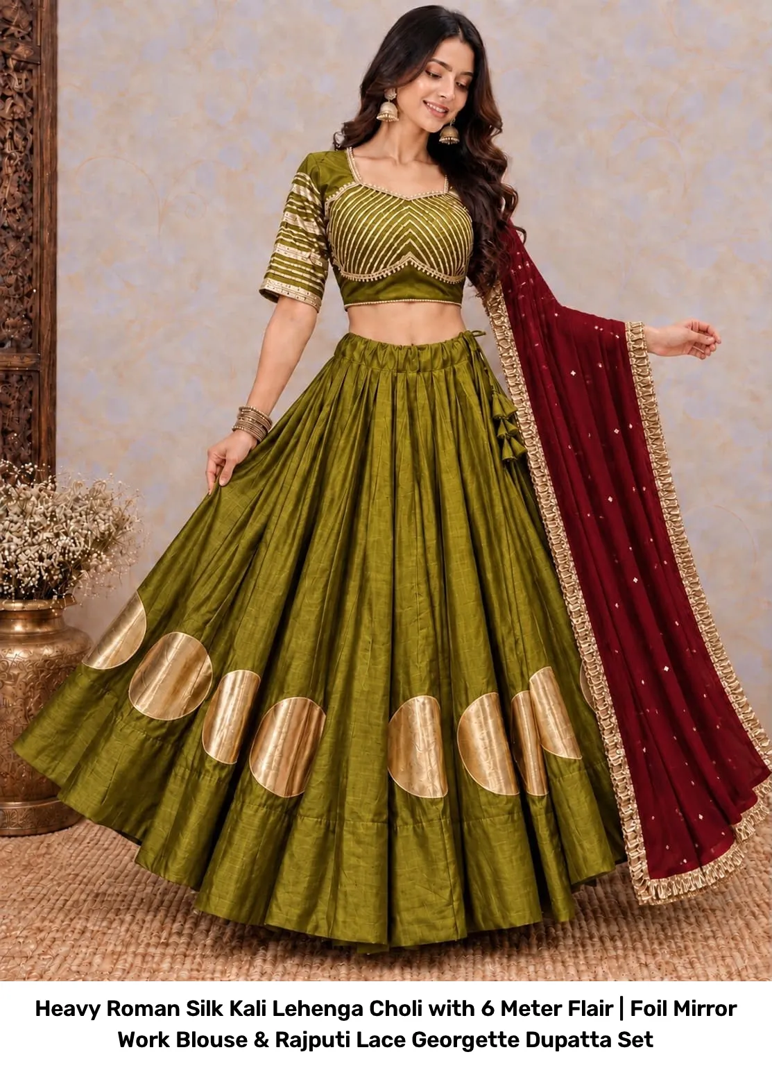 Heavy Roman Silk Kali Lehenga Choli with 6 Meter Flair | Foil Mirror Work Blouse & Rajputi Lace Georgette Dupatta Set 5