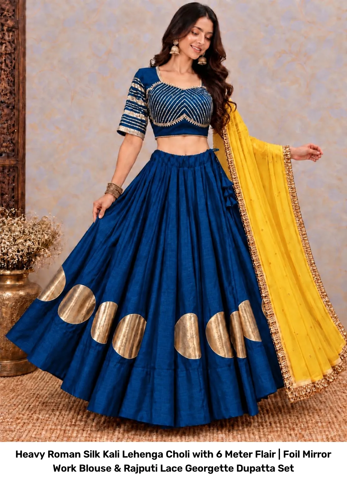 Heavy Roman Silk Kali Lehenga Choli with 6 Meter Flair | Foil Mirror Work Blouse & Rajputi Lace Georgette Dupatta Set 6