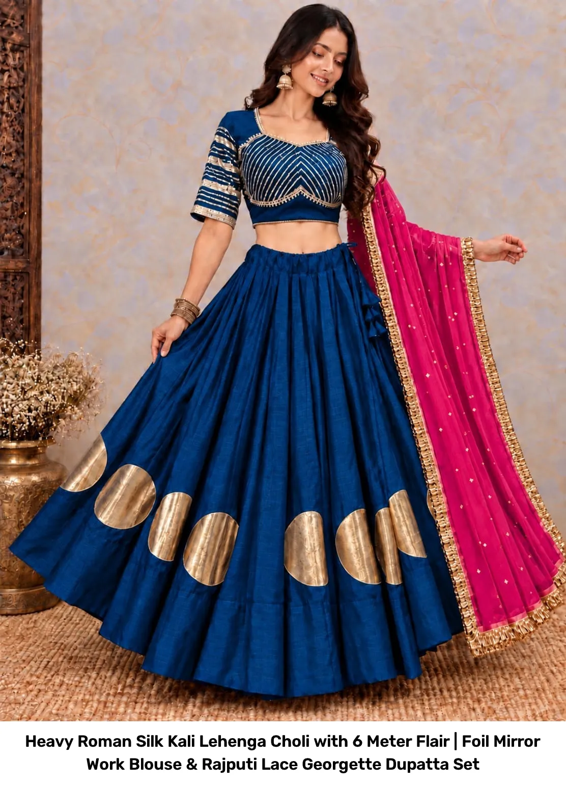 Heavy Roman Silk Kali Lehenga Choli with 6 Meter Flair | Foil Mirror Work Blouse & Rajputi Lace Georgette Dupatta Set 7